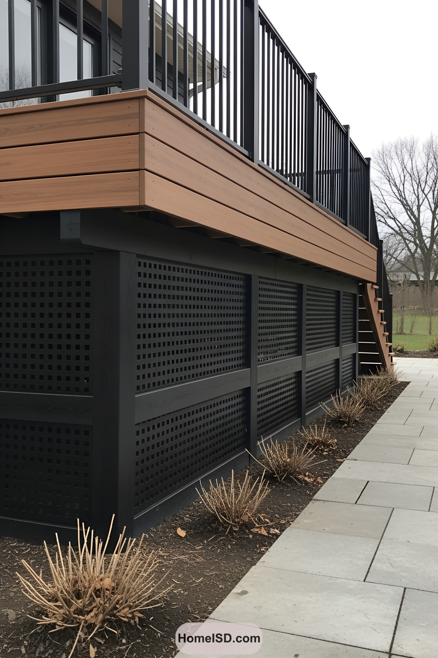Stylish black lattice deck skirting with modern railings