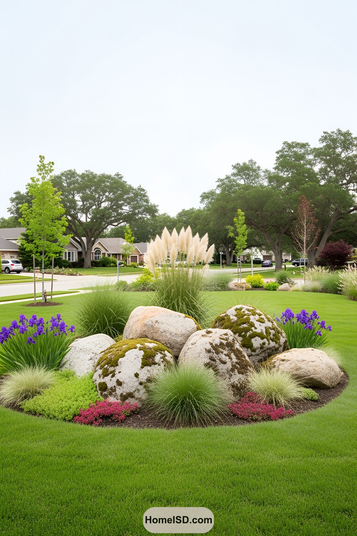 Large boulders surrounded by colorful plants in a well-manicured garden
