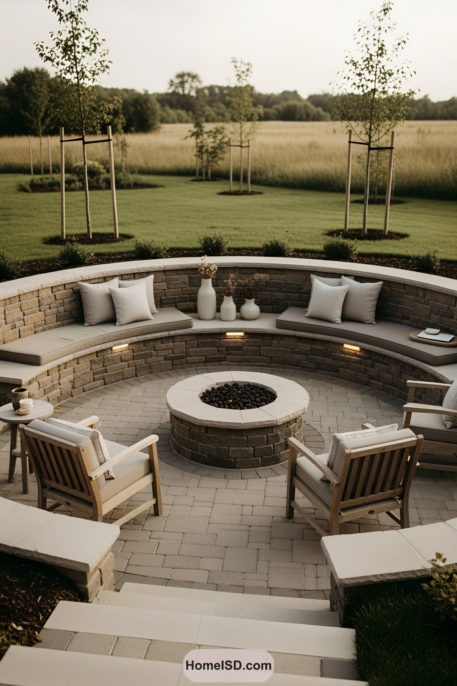 Stylish stone seating around a central fire pit