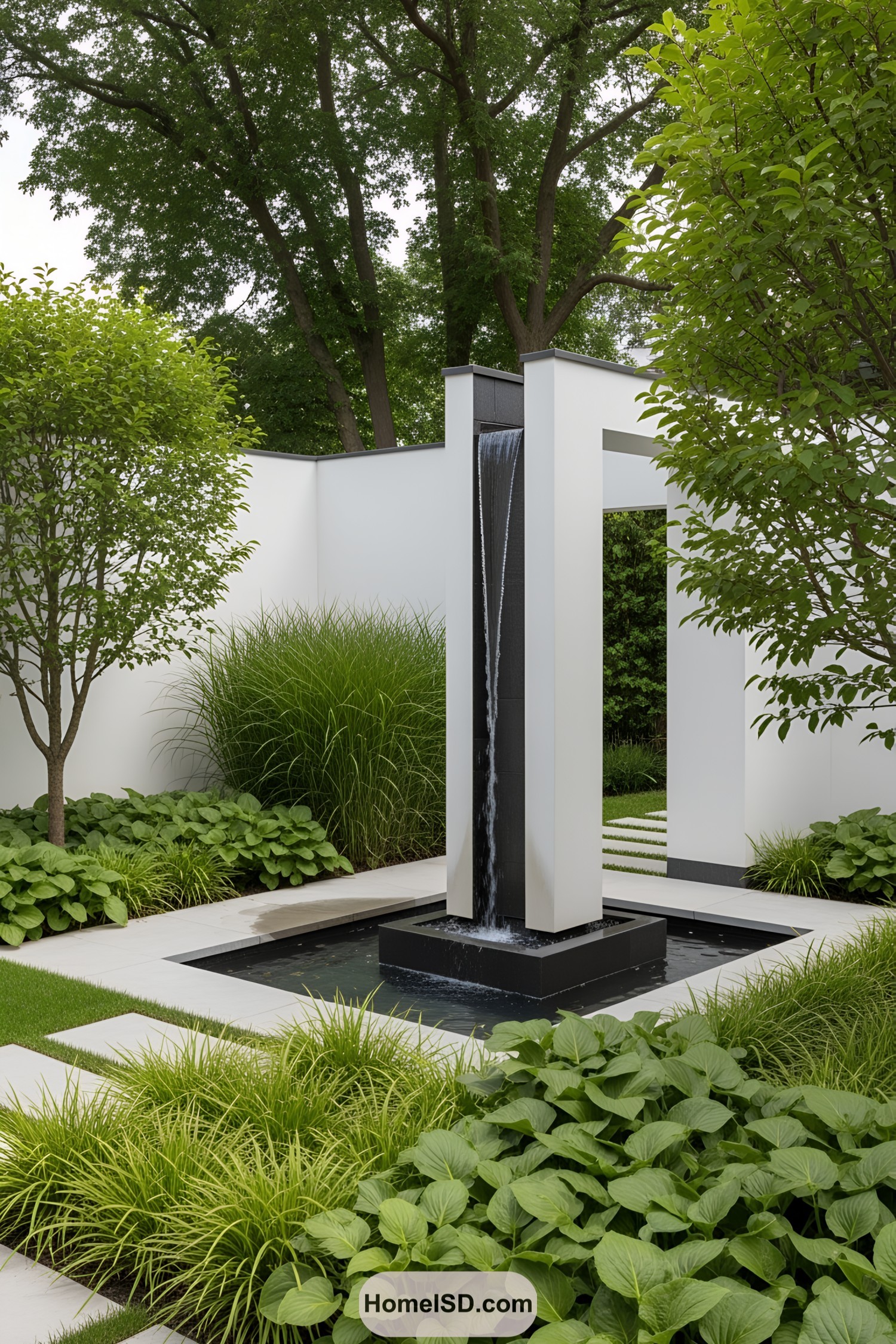 Modern rectangle fountain with lush greenery
