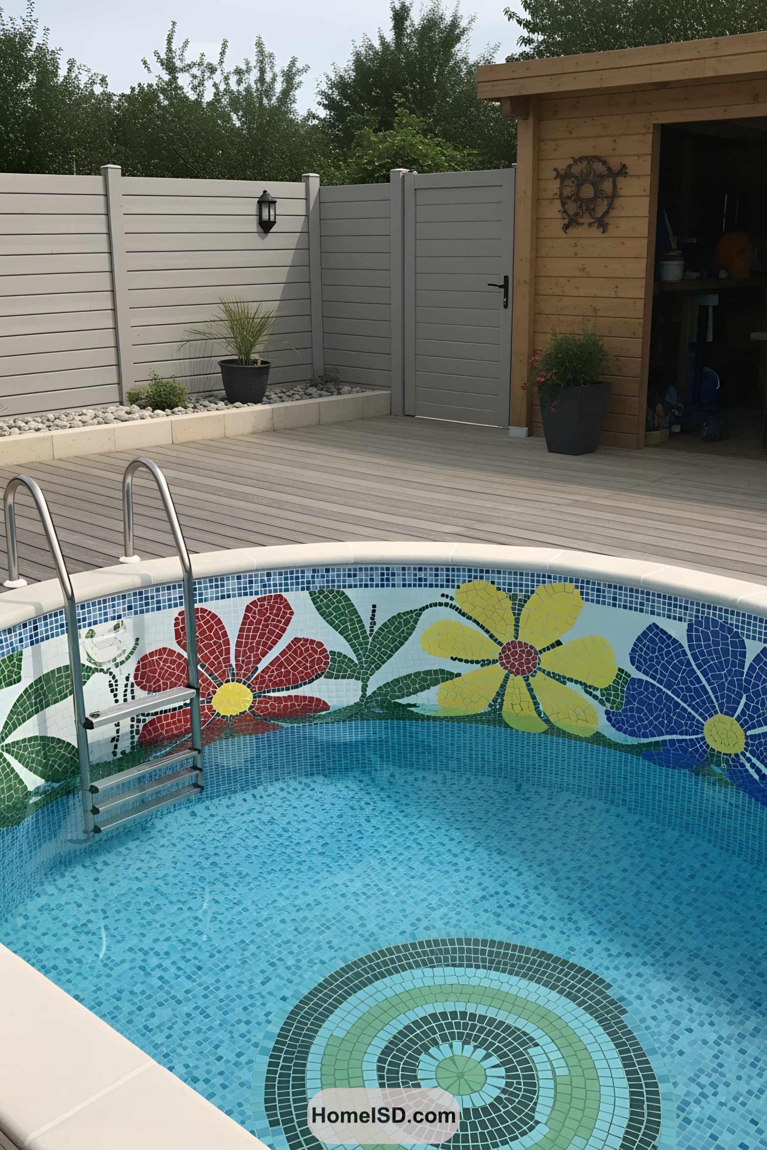 Above ground pool with colorful mosaic design and wooden deck