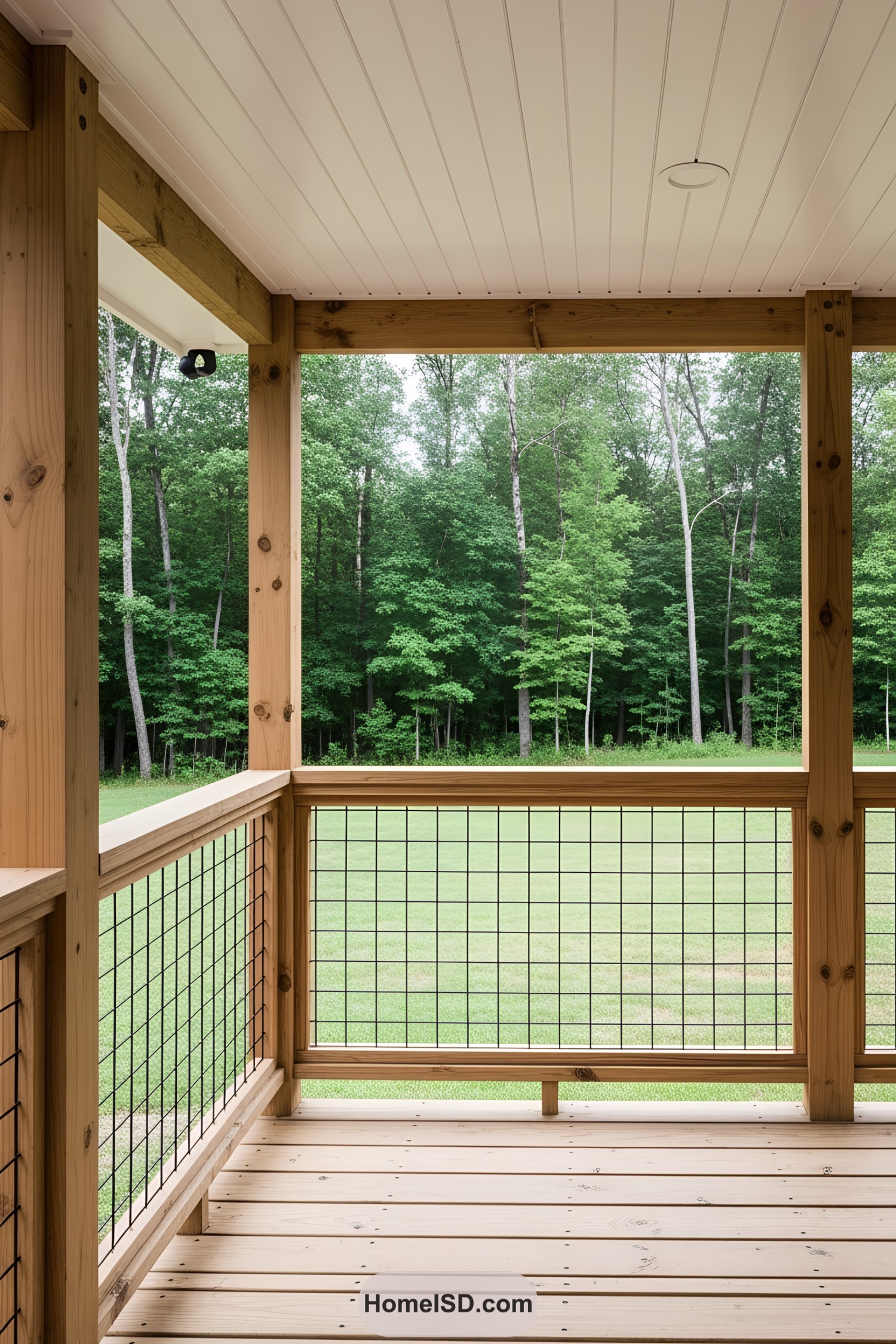 Wooden deck railing overlooking lush green forest