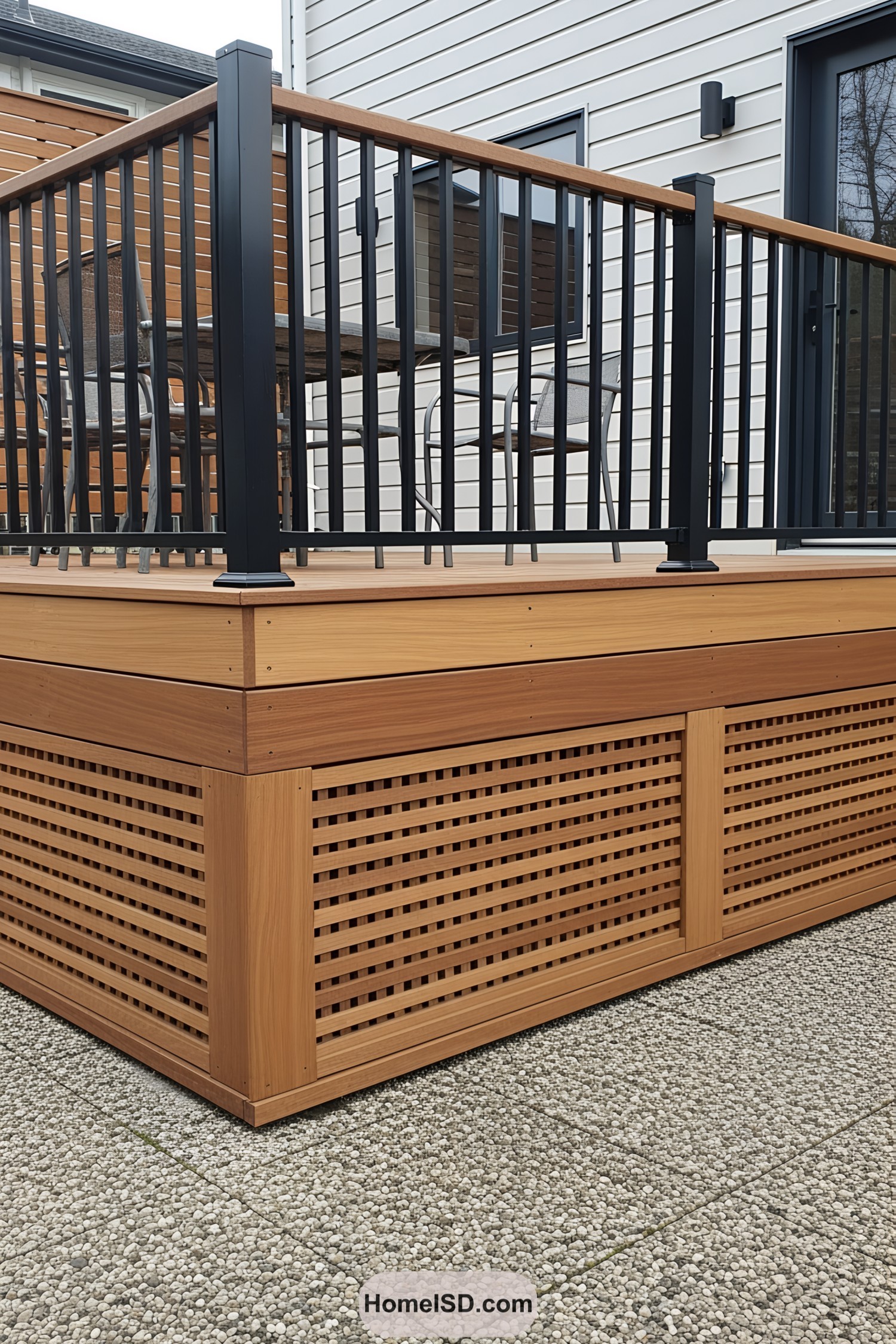 Wooden deck with sleek black railing and lattice skirting
