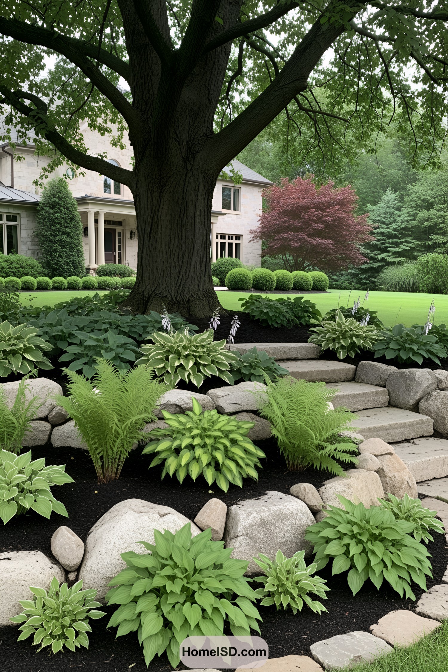 Boulders and plants accent a home's lush garden