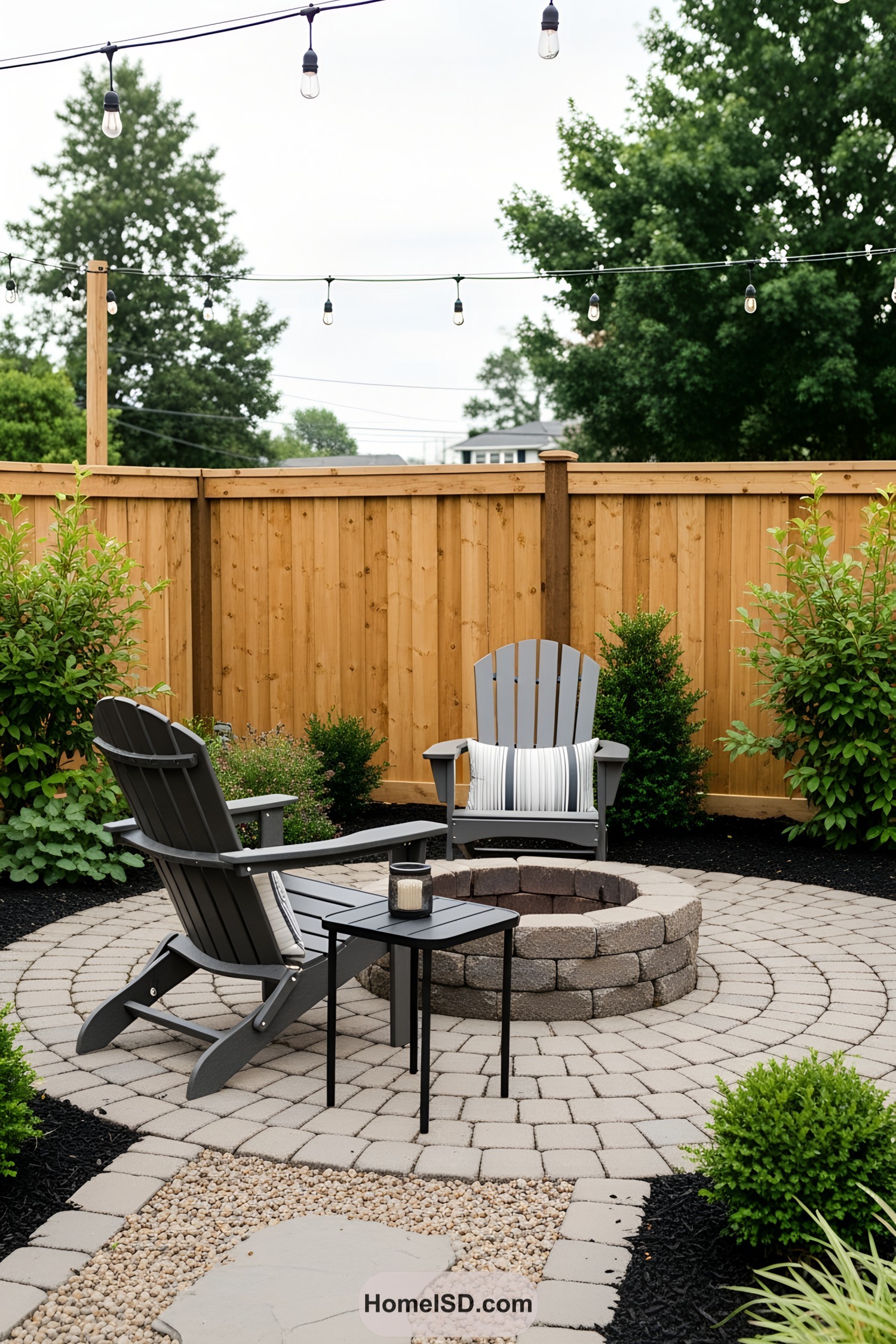 Chic fire pit area with Adirondack chairs on a paved patio