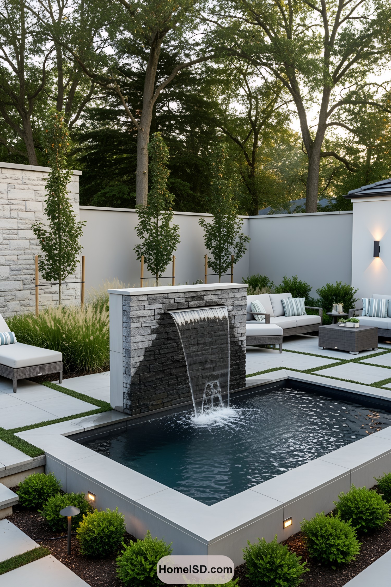 Modern backyard fountain with lush surroundings