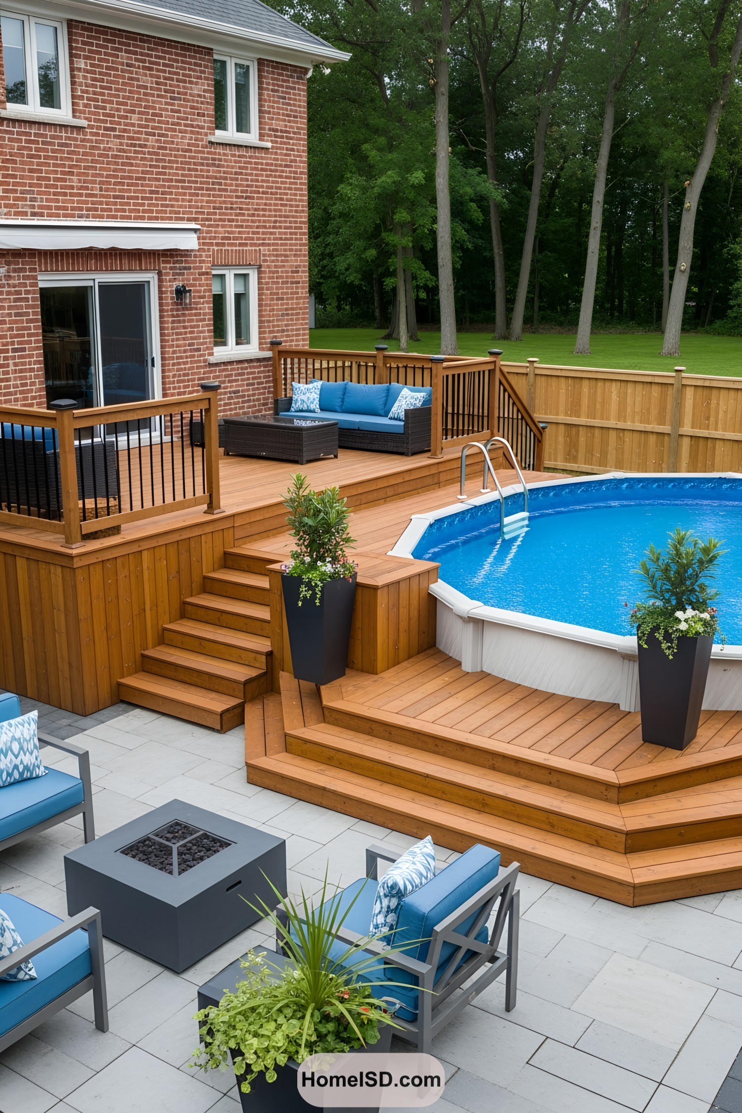 Above ground pool with surrounding wooden deck and seating
