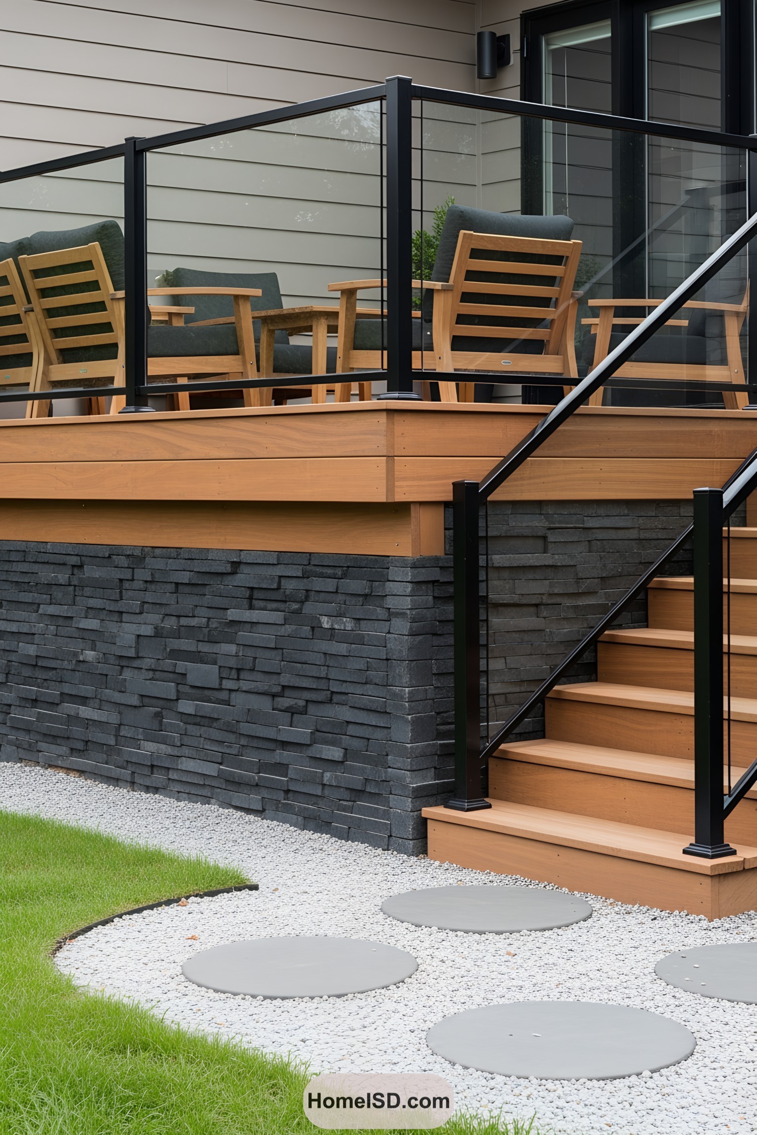 Deck with stone skirting and wooden furniture