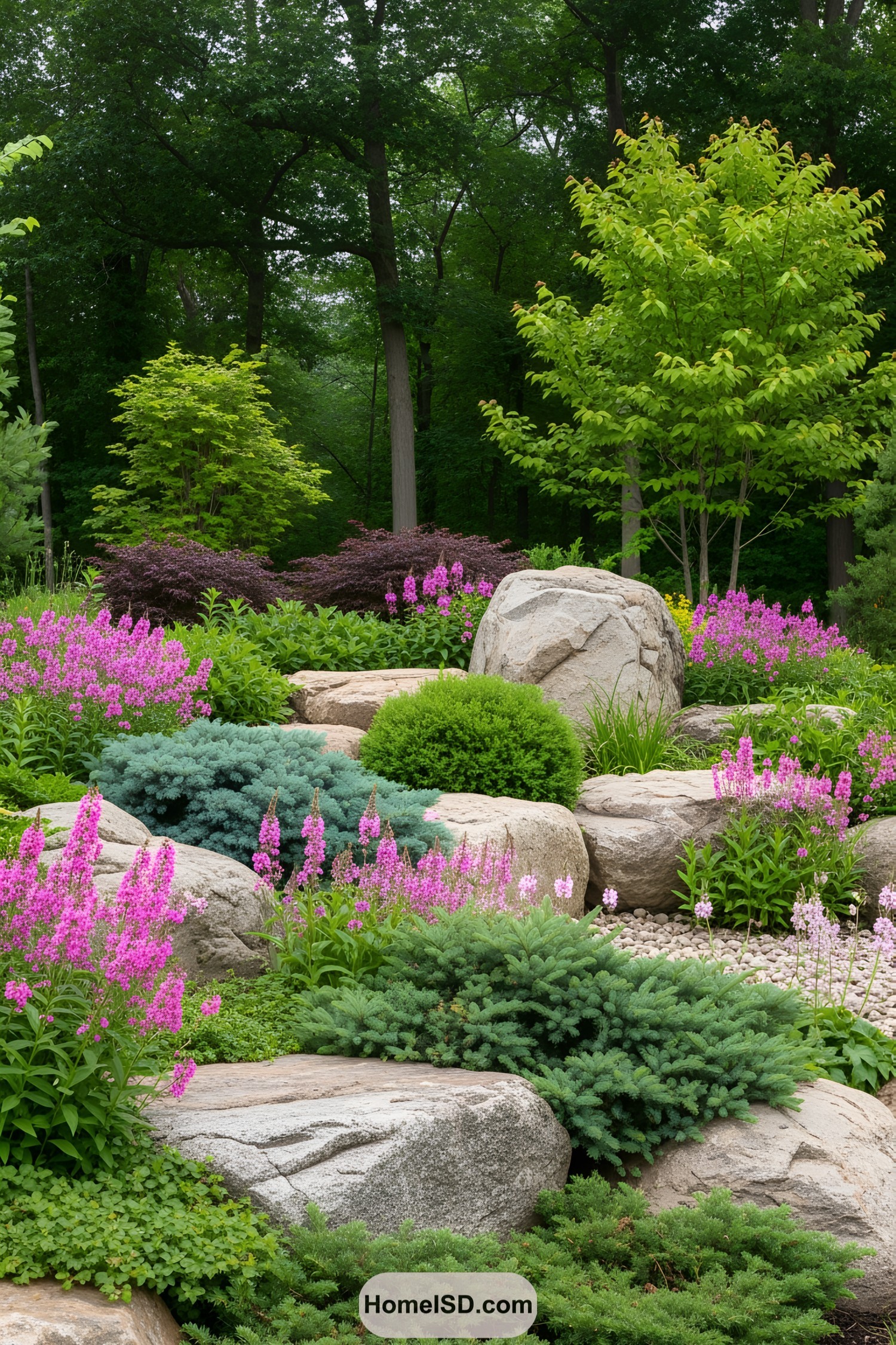 Boulders and vibrant flowers in a lush garden setting