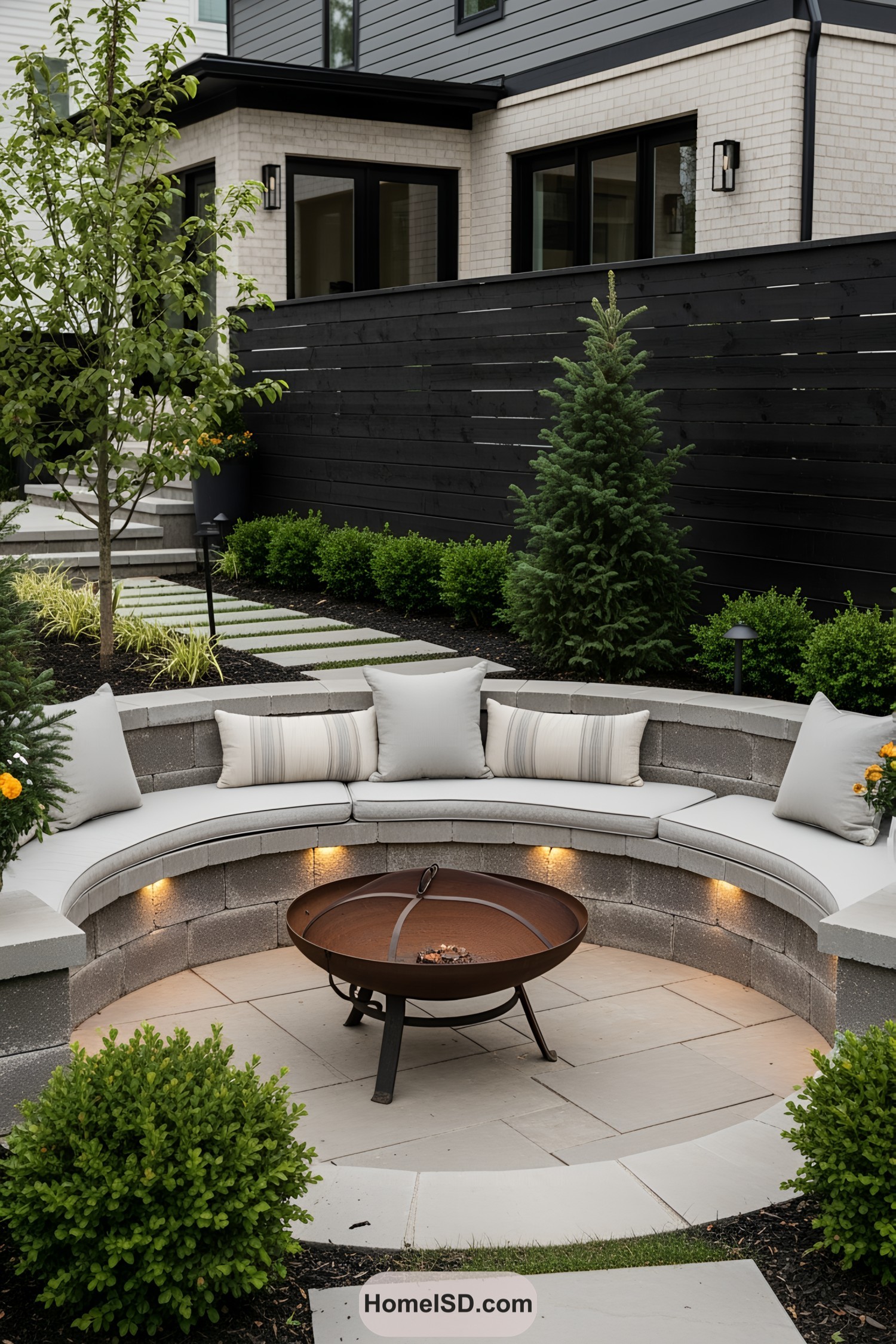 Modern fire pit area with circular seating