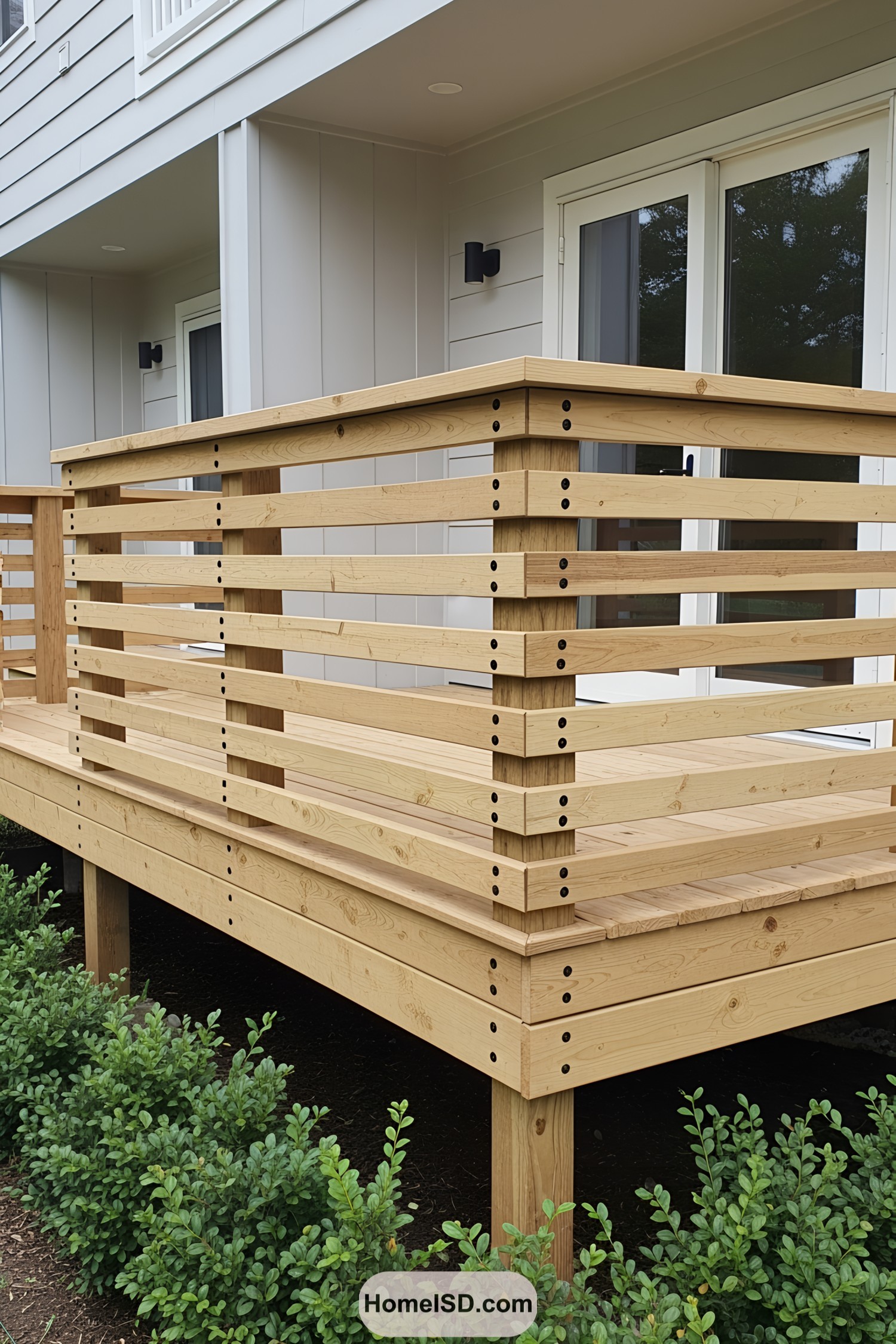 Simple wooden deck railing with horizontal beams