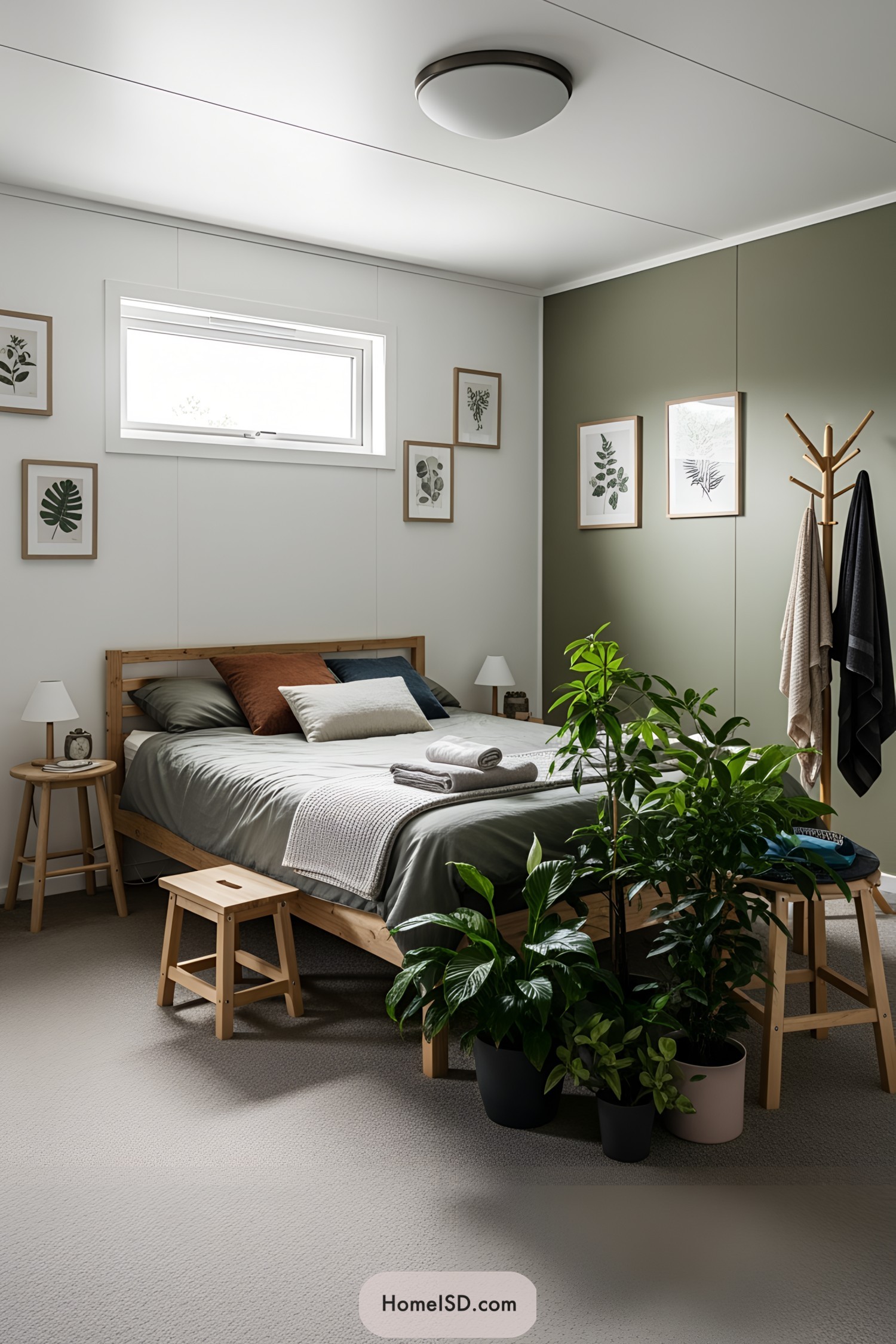 Cozy bedroom with potted plants