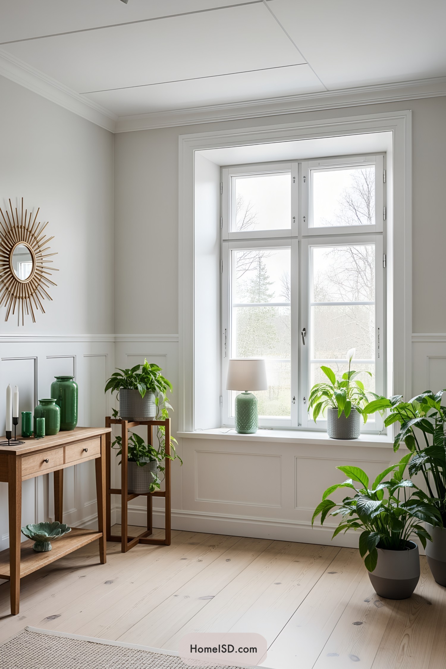 A cozy nook with potted plants and wooden furniture by a bright window
