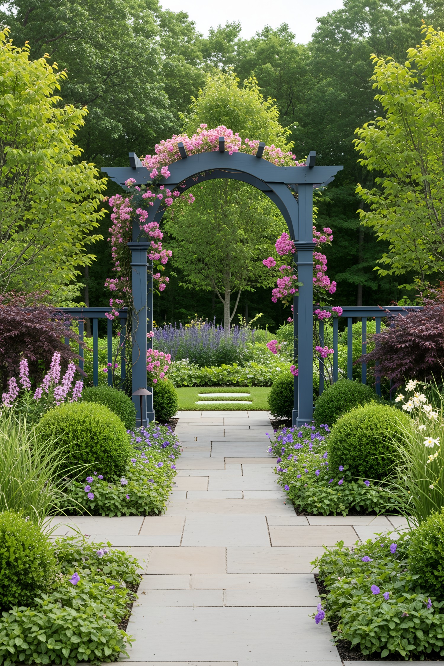 Elegant stone path beneath a floral archway