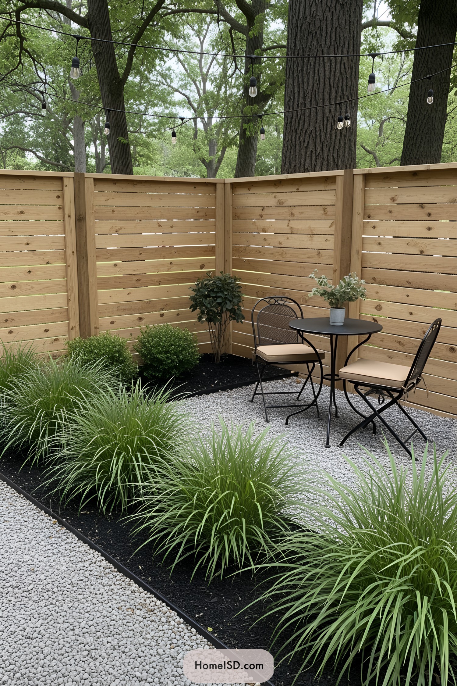 Chic patio with wooden fence and seating