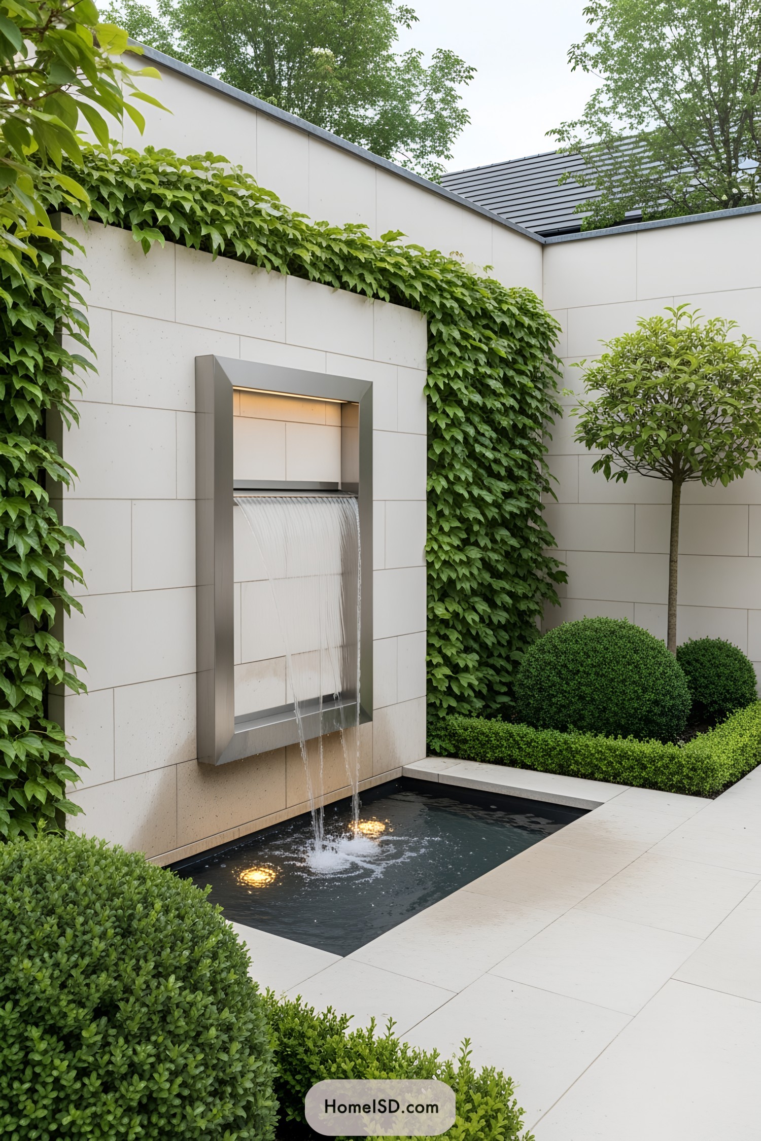 Contemporary wall fountain with lush greenery