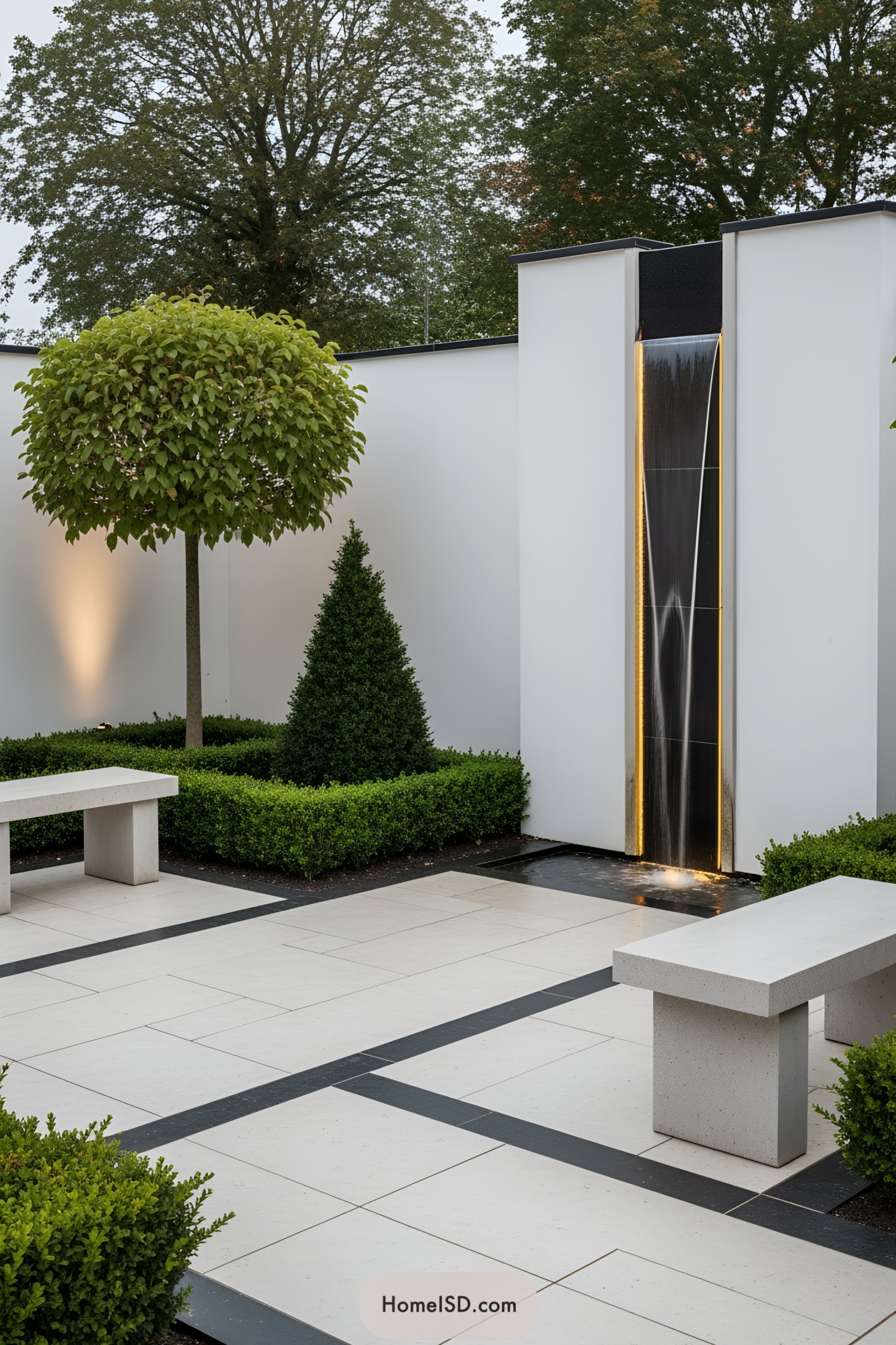Sleek, modern outdoor wall fountain with geometric design