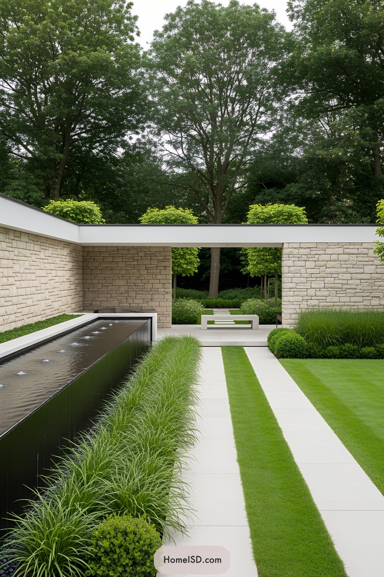 Modern garden with a sleek fountain bordered by lush greenery