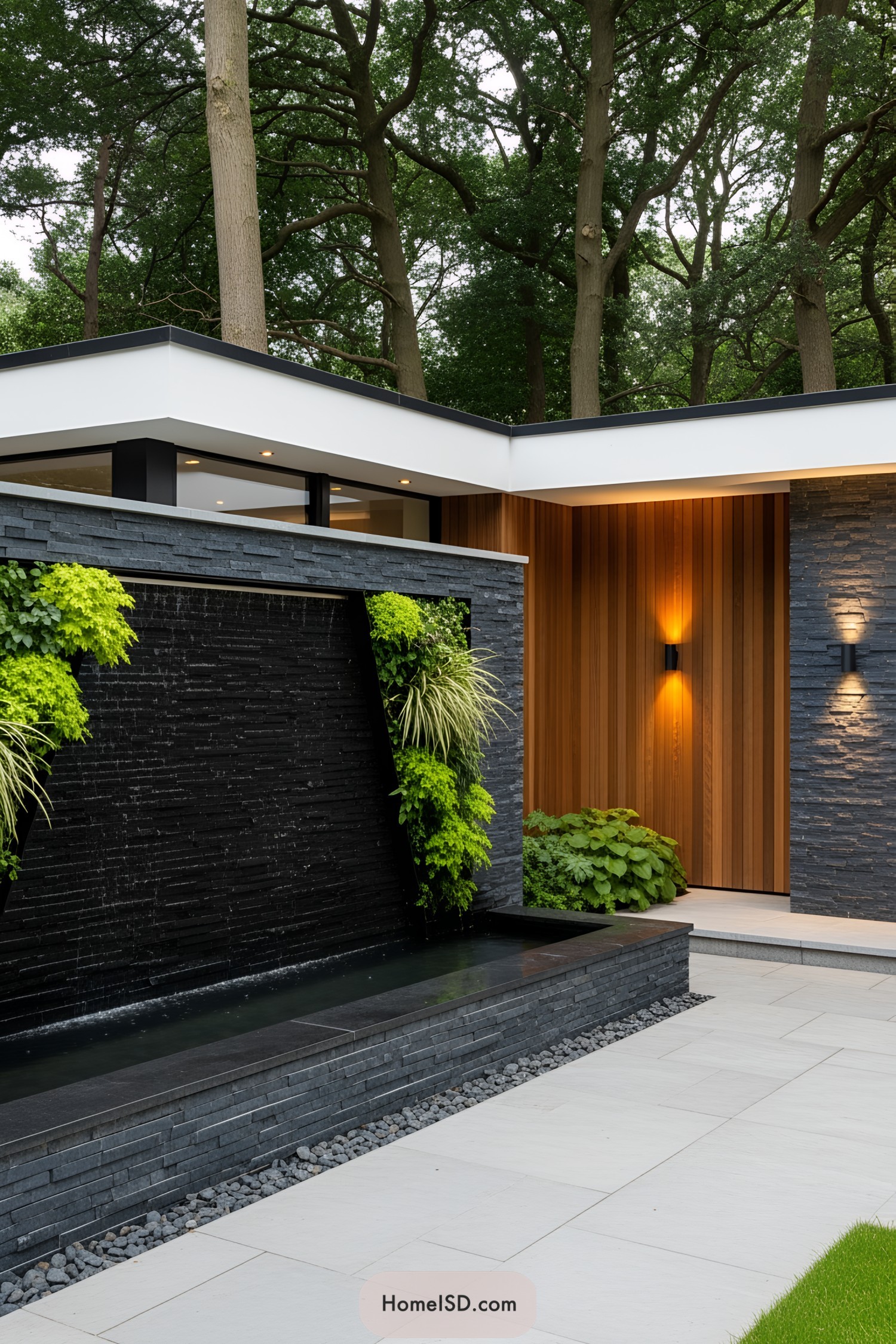 Outdoor modern wall fountain with greenery
