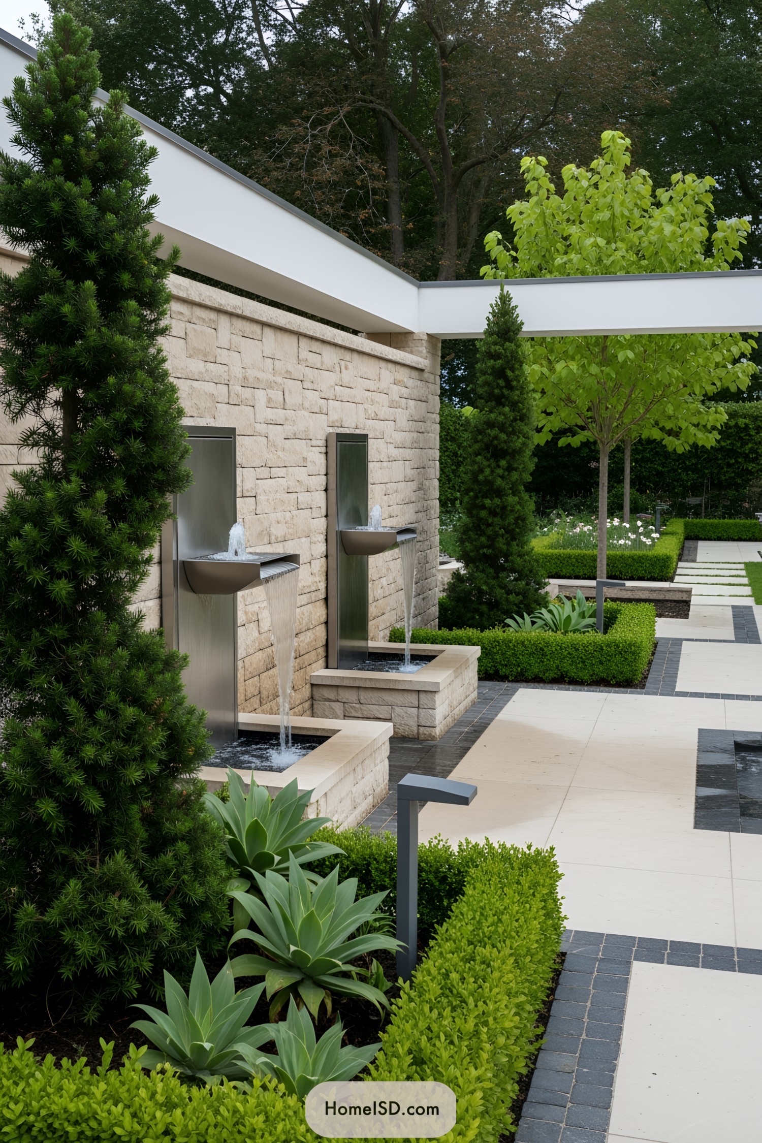 Modern outdoor wall fountain with lush greenery