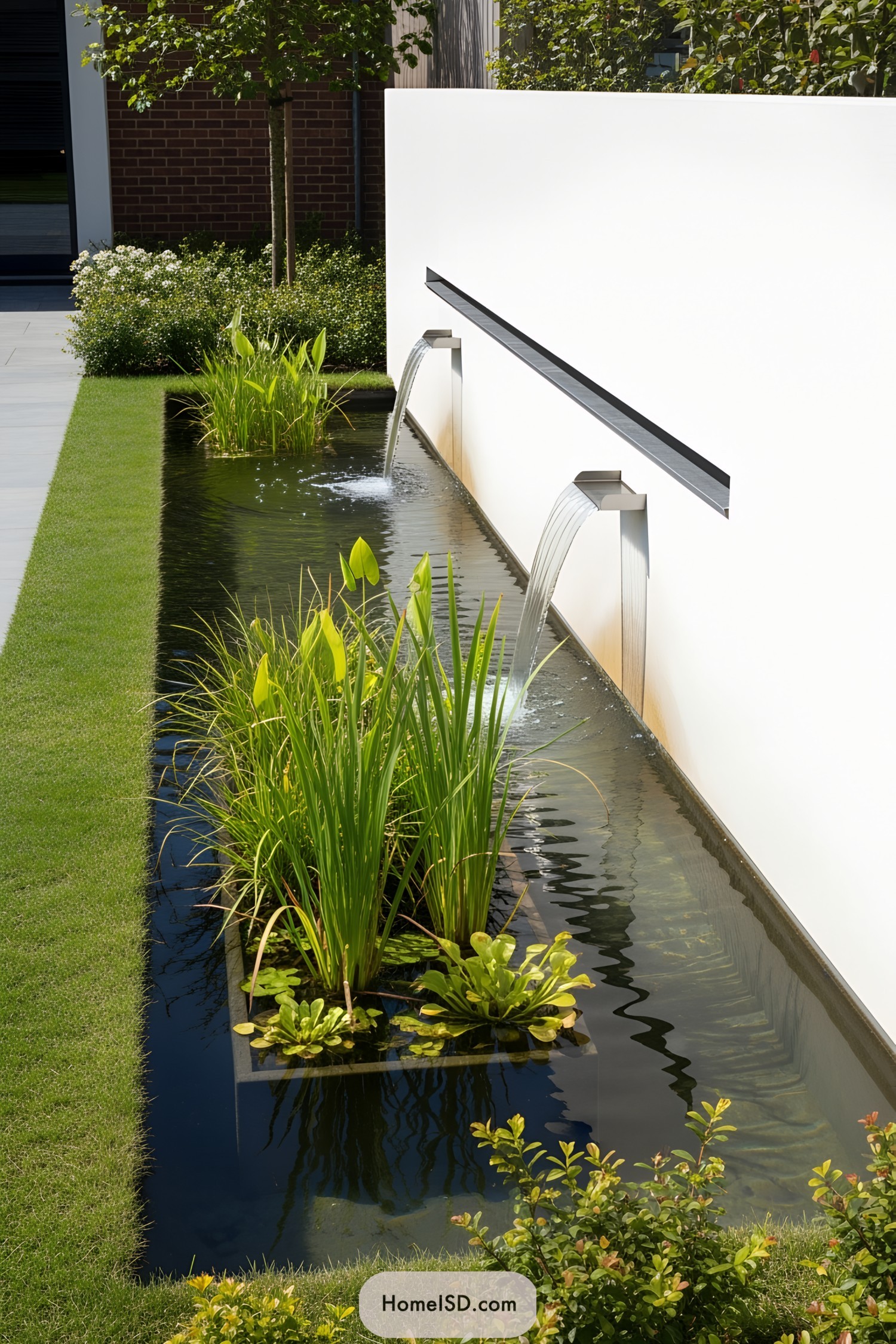 Wall fountain with cascading water into a modern pool