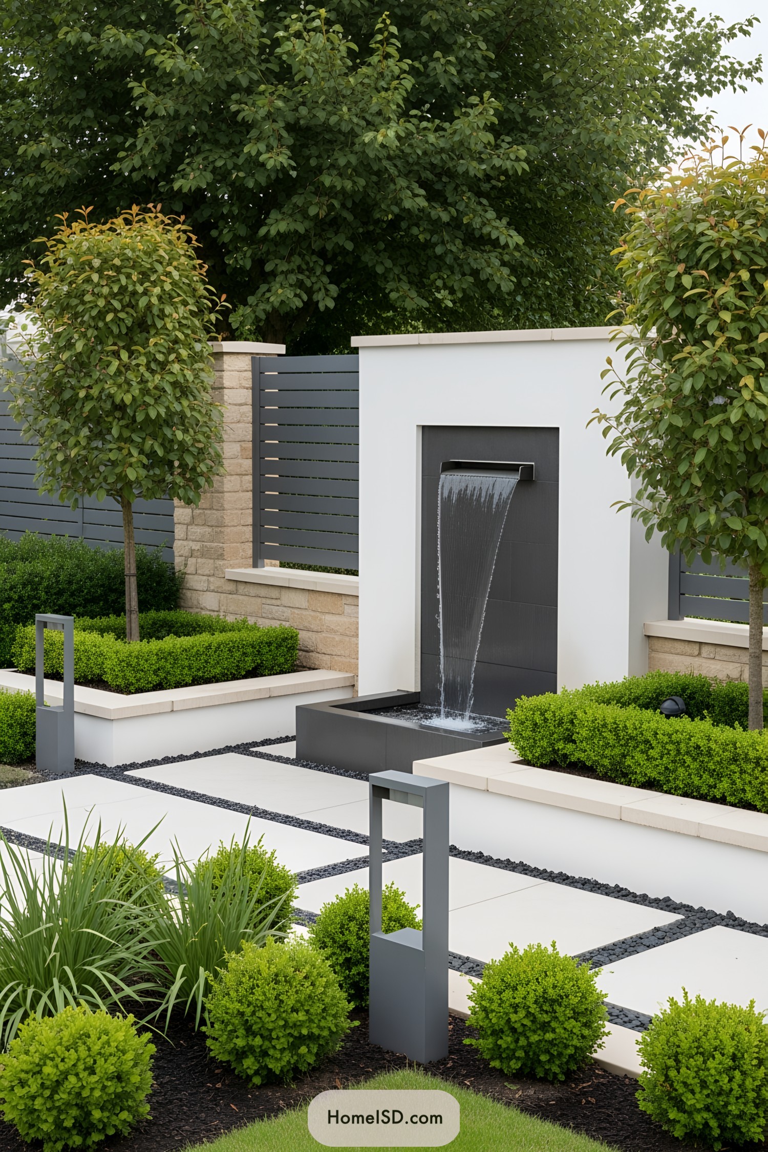 Stylish outdoor wall fountain with greenery