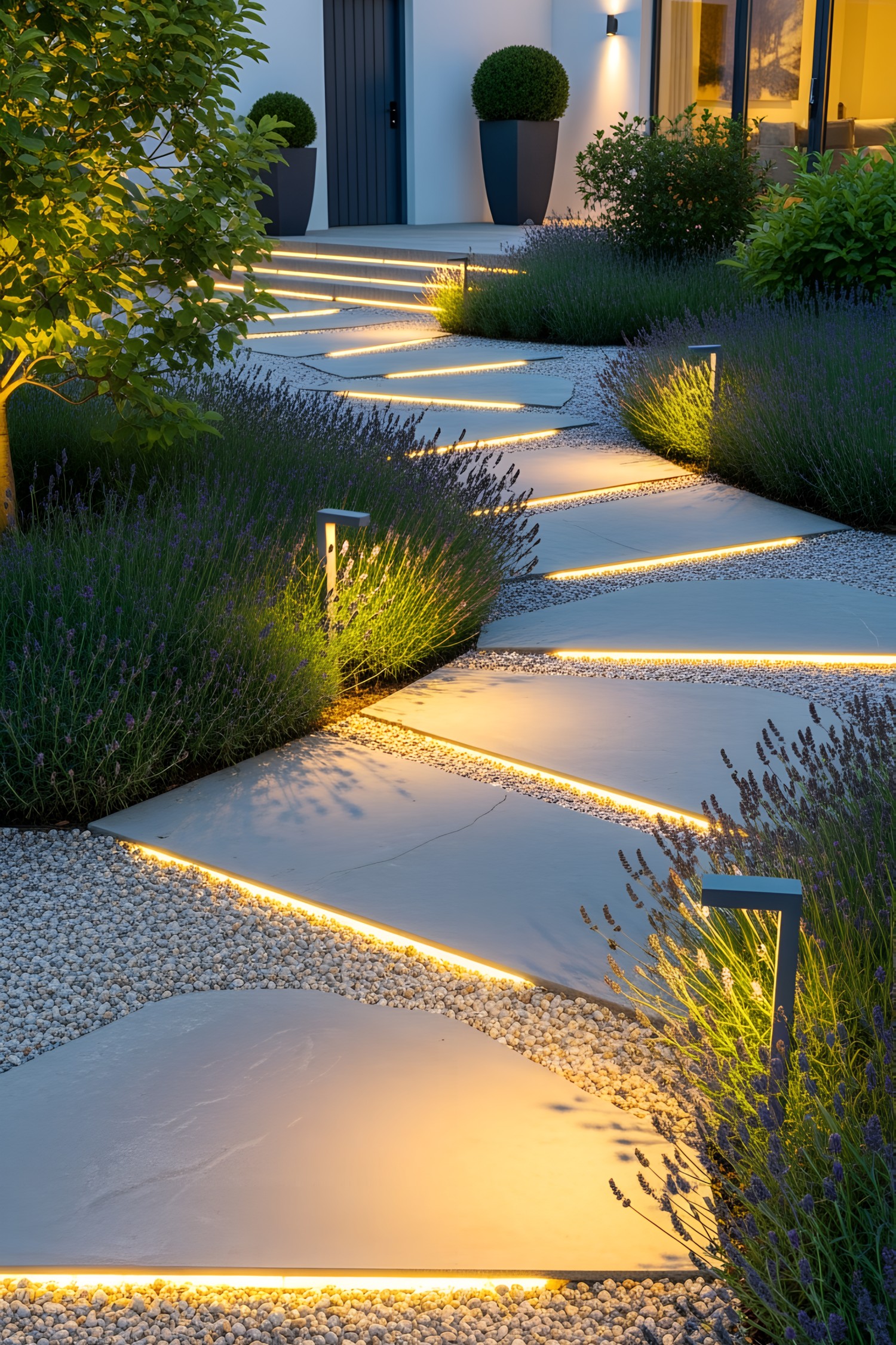 Evening garden path with illuminated gravel and lush greenery