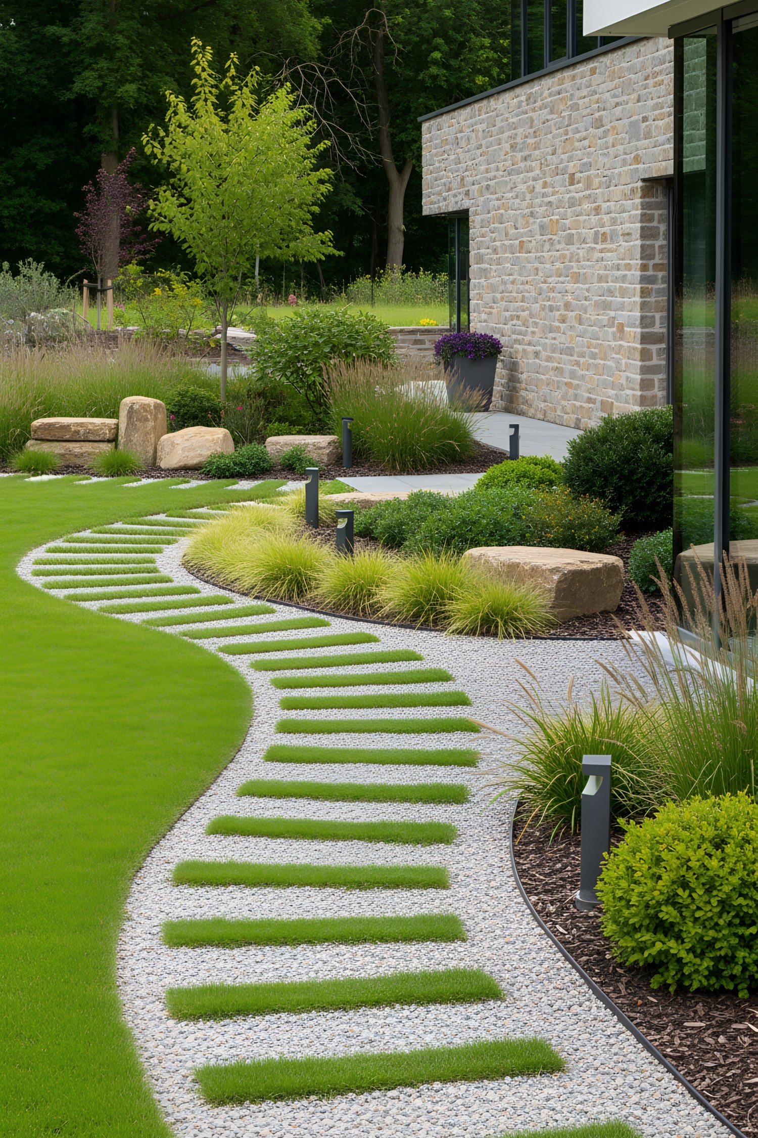 Curved gravel path with grass steppers