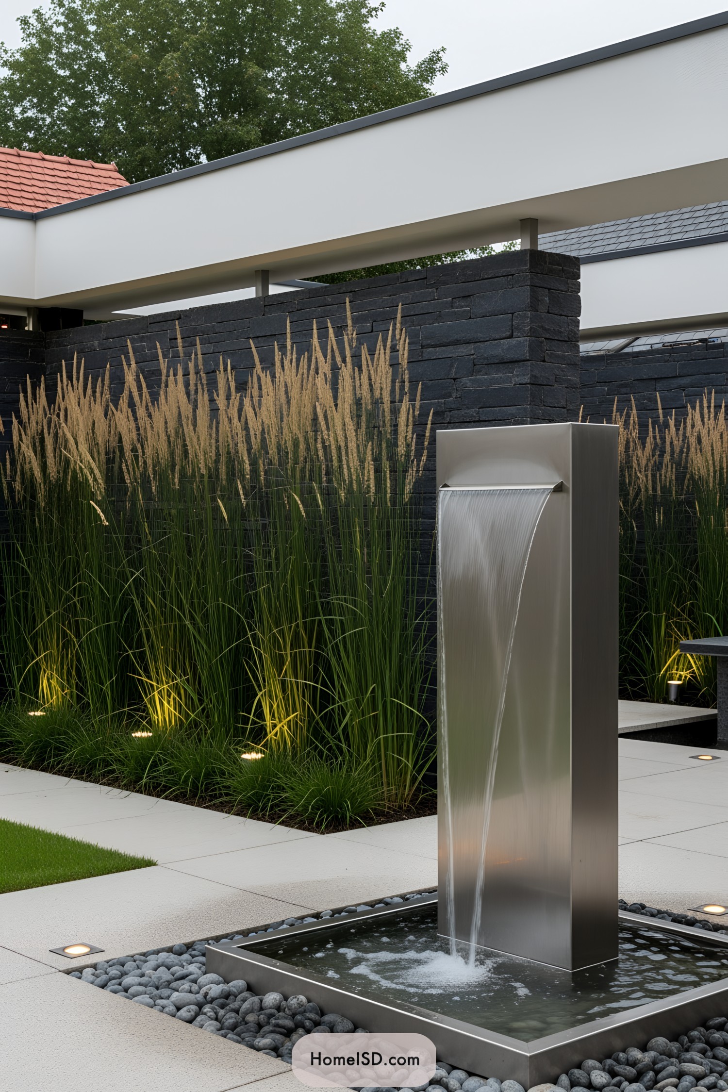 Tall metal fountain with waterfall, sleek garden design