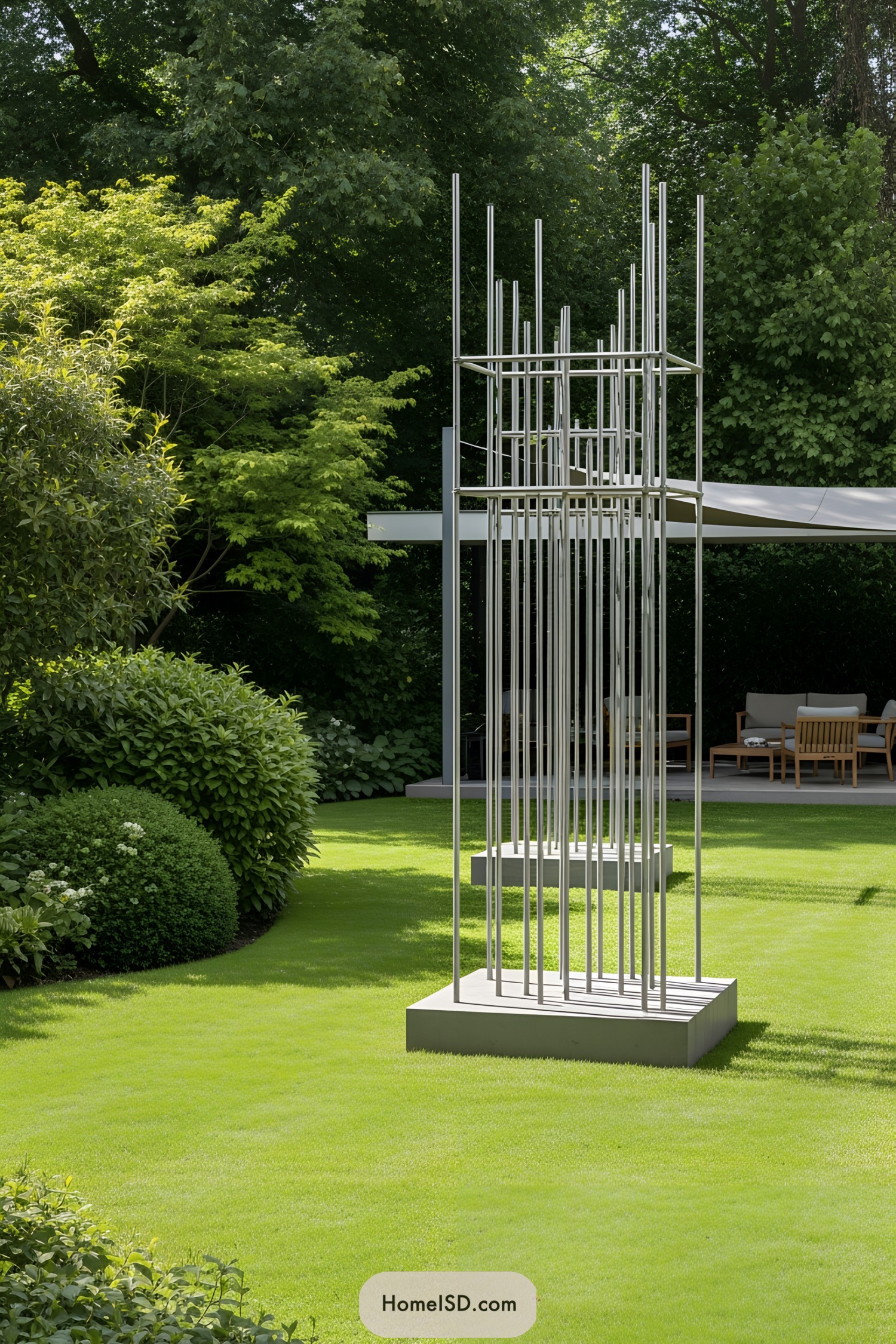 Tall metal sculpture amidst lush greenery