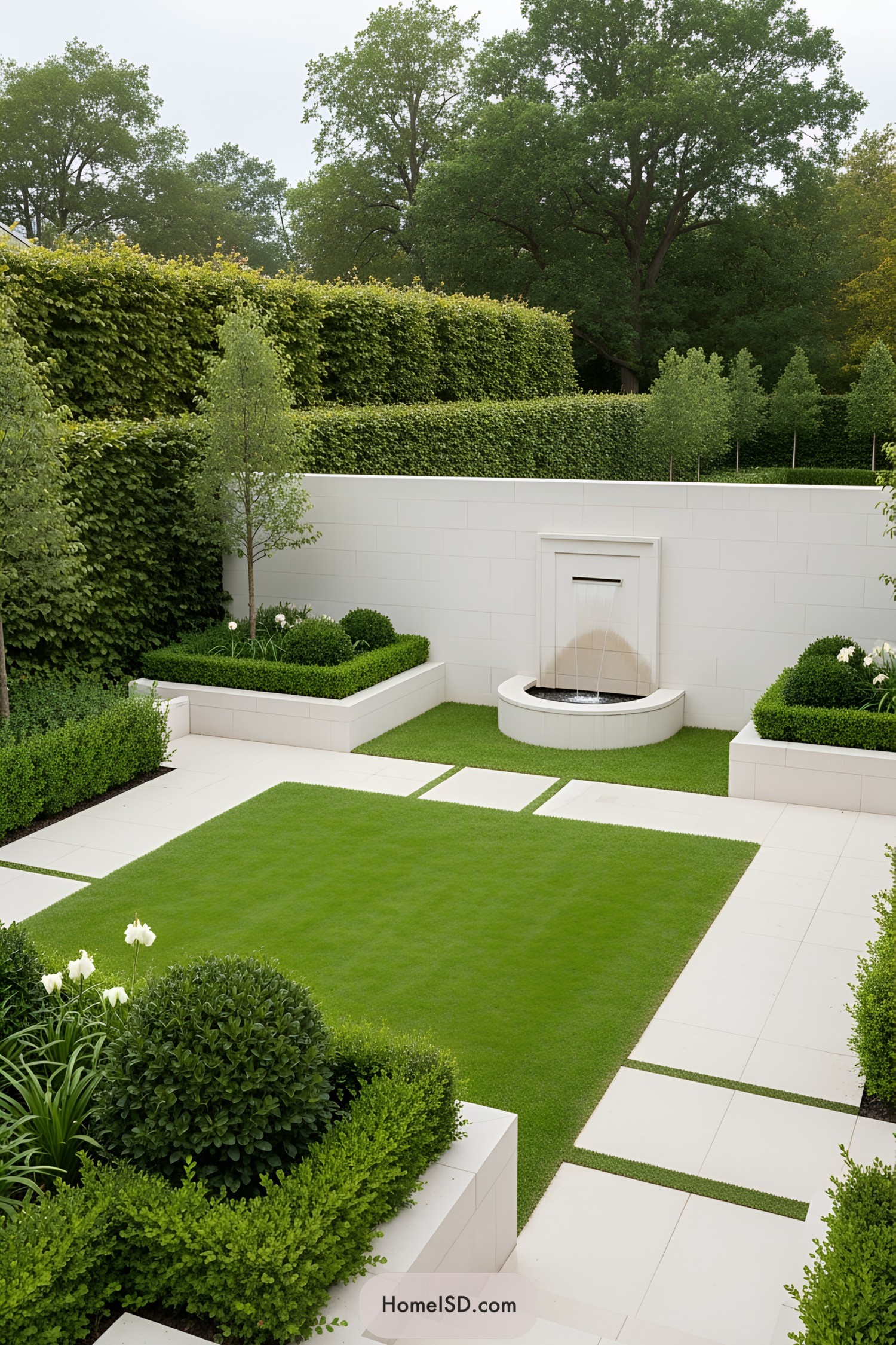 Outdoor wall fountain surrounded by lush greenery