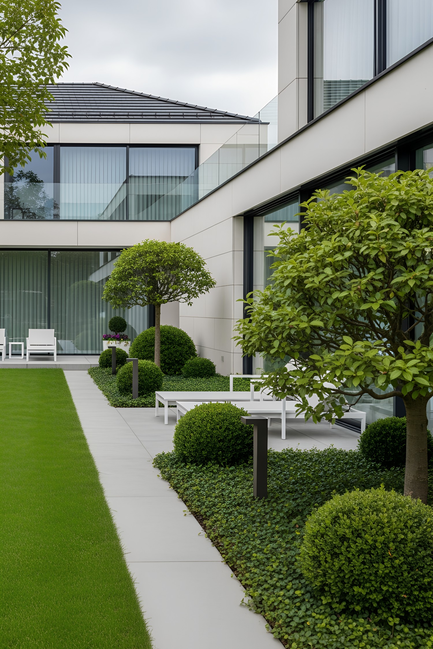 Modern stone walkway with neatly trimmed bushes and trees