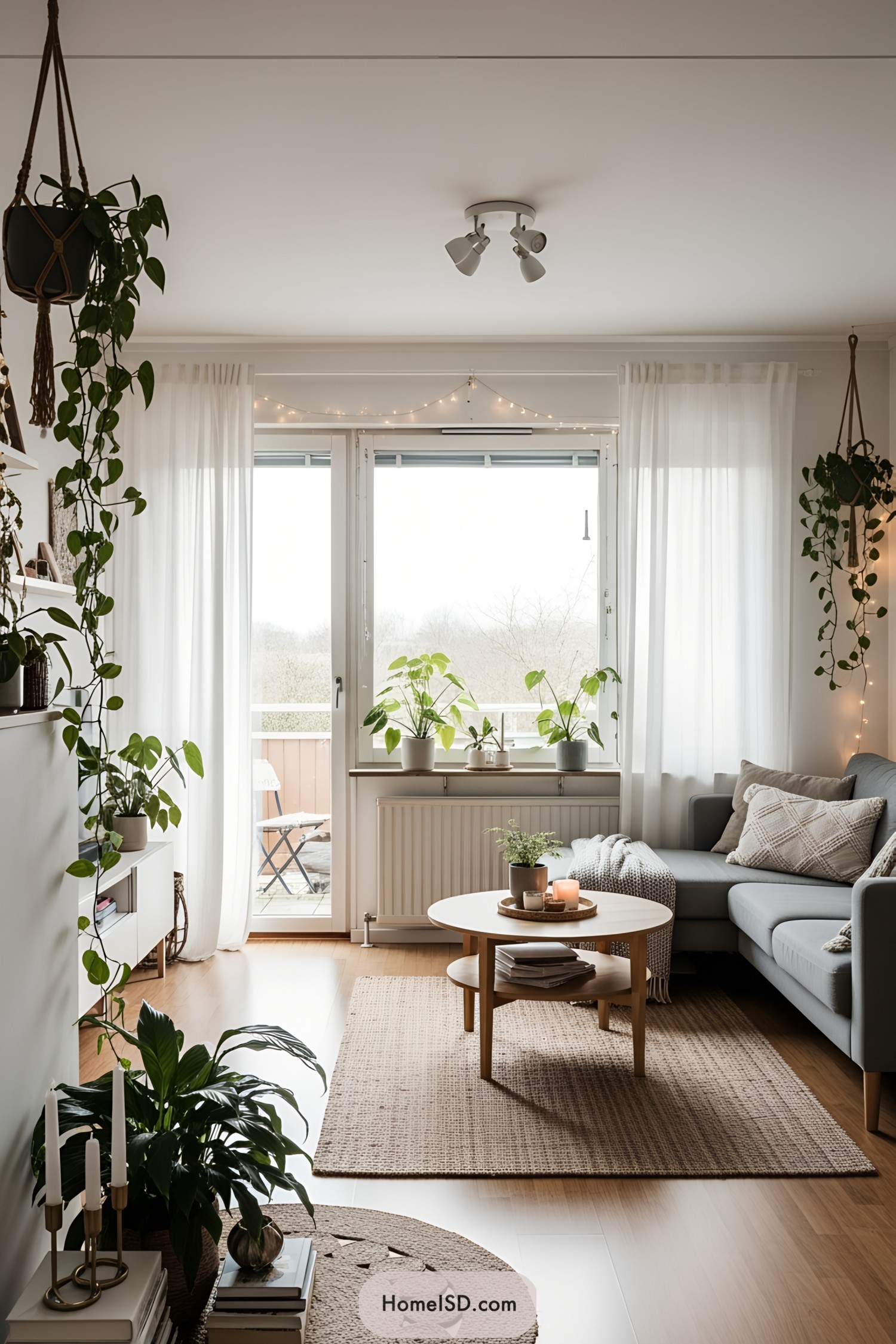 Living room filled with numerous indoor plants by a bright window