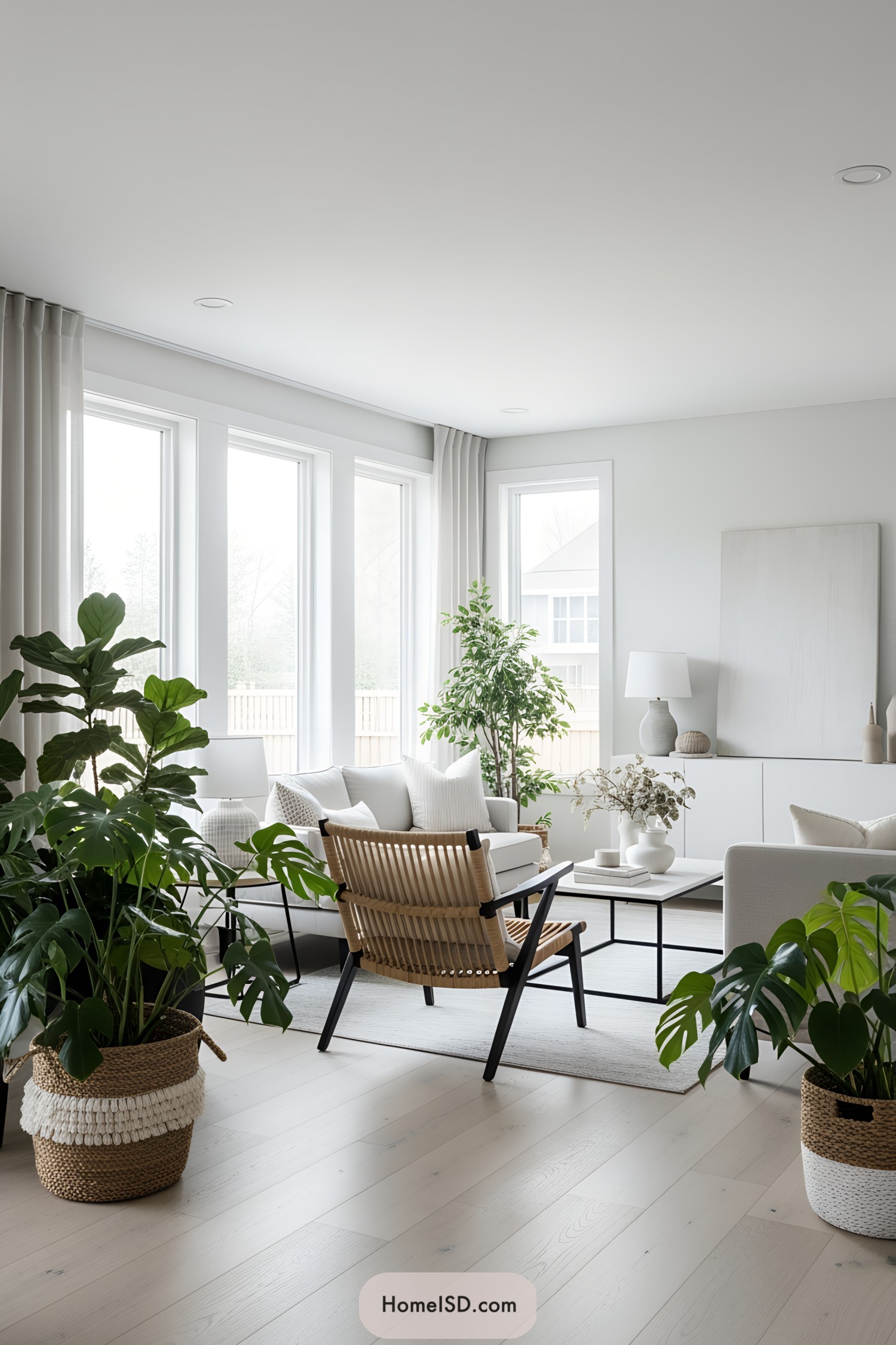 Modern living room with large plants and minimalist decor