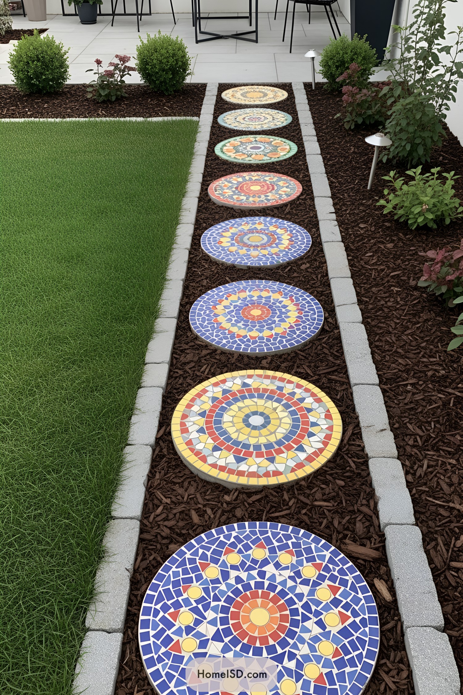 Colorful mosaic stepping stones in a garden walkway