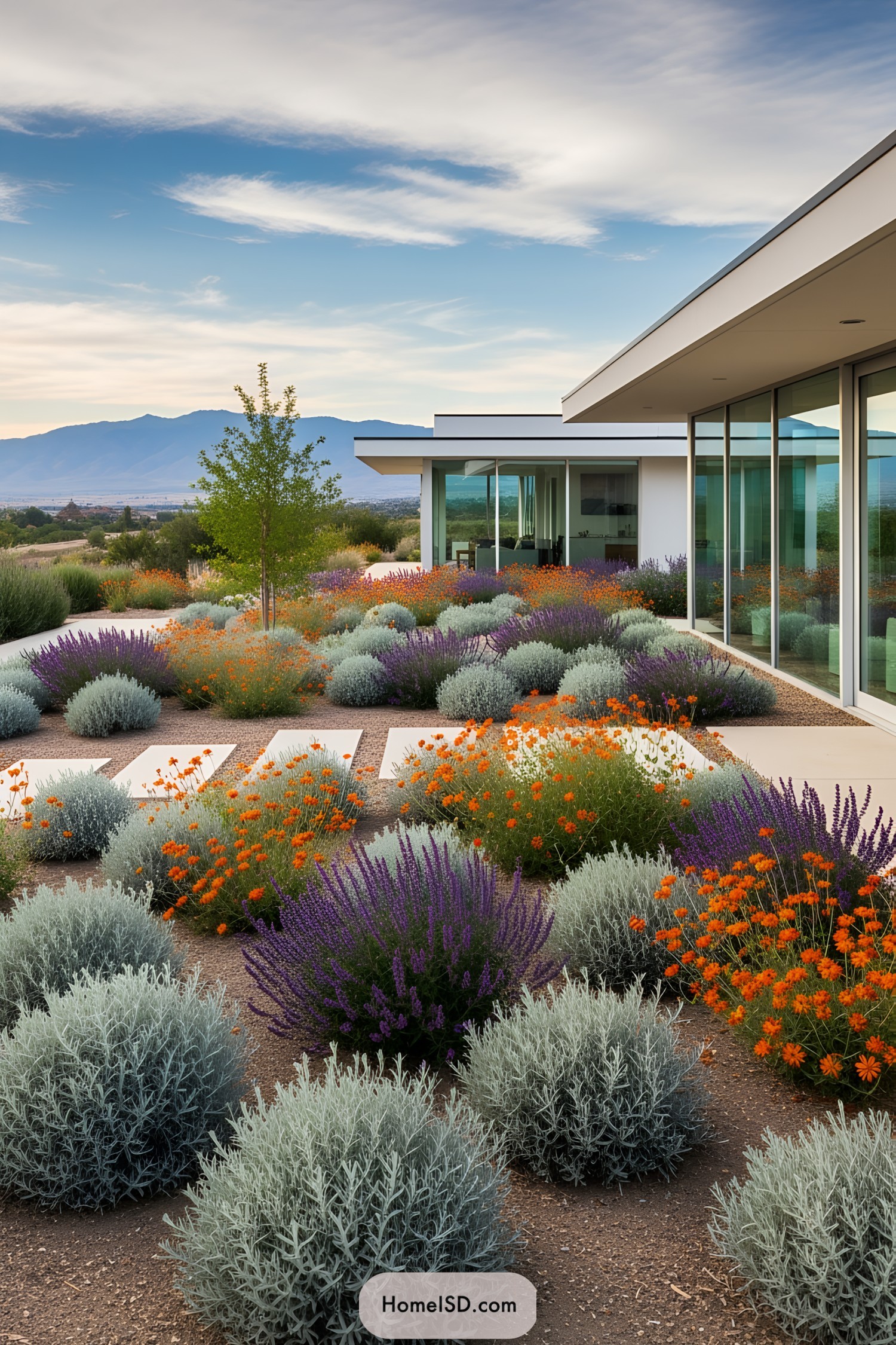 Modern architectural building with a colorful dry garden