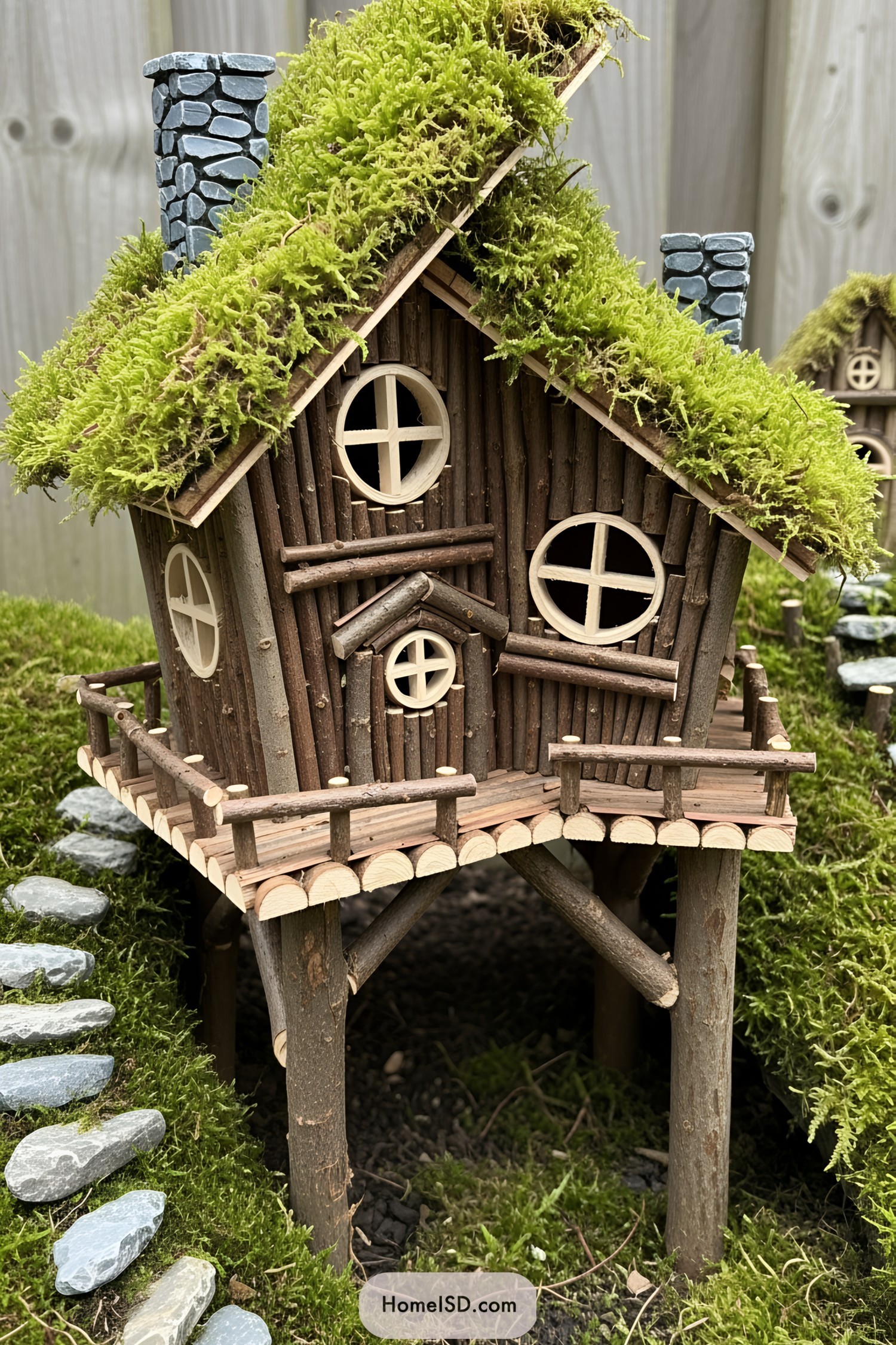 Miniature house made from twigs and moss with a stone path