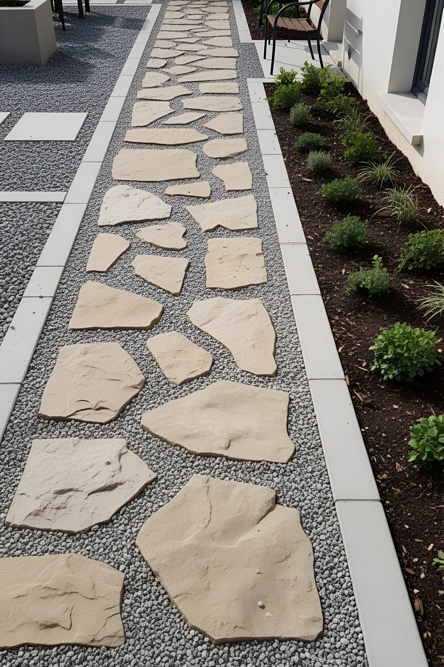 Flagstone path lined with pebbles and greenery on the side