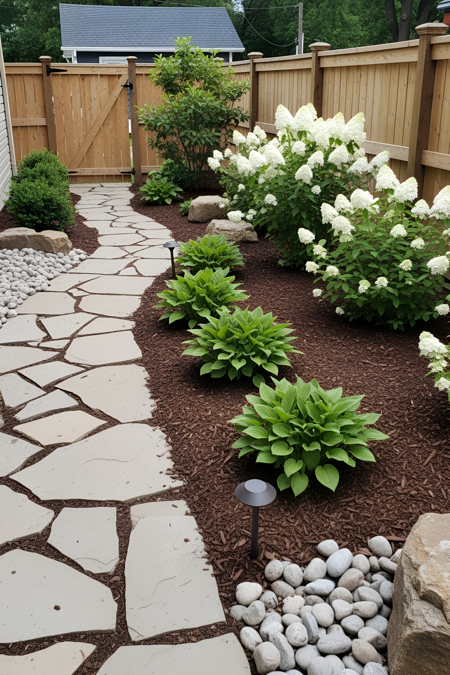 Flagstone path lined with lush greenery and white flowers