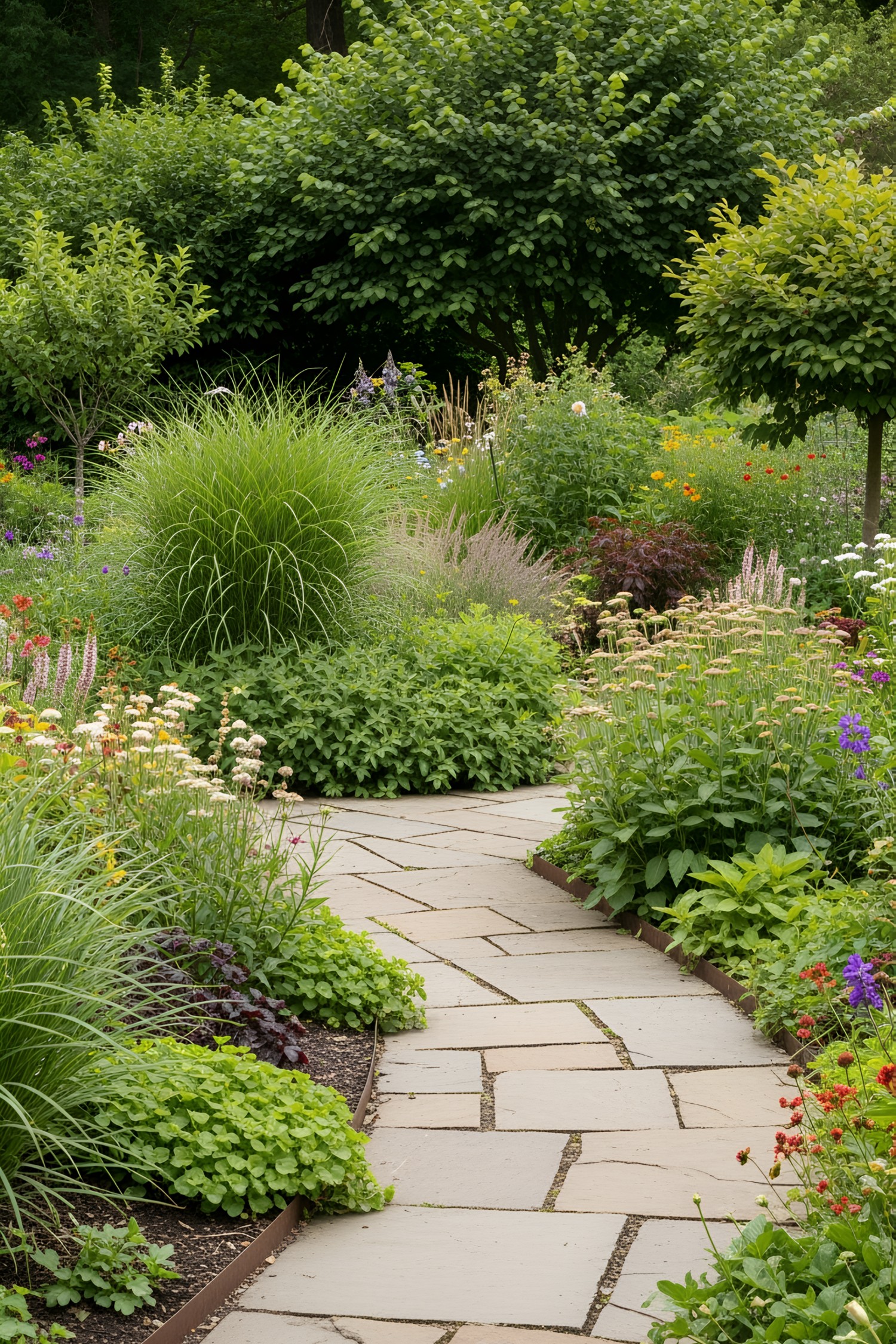 Flagstone path amidst lush garden foliage
