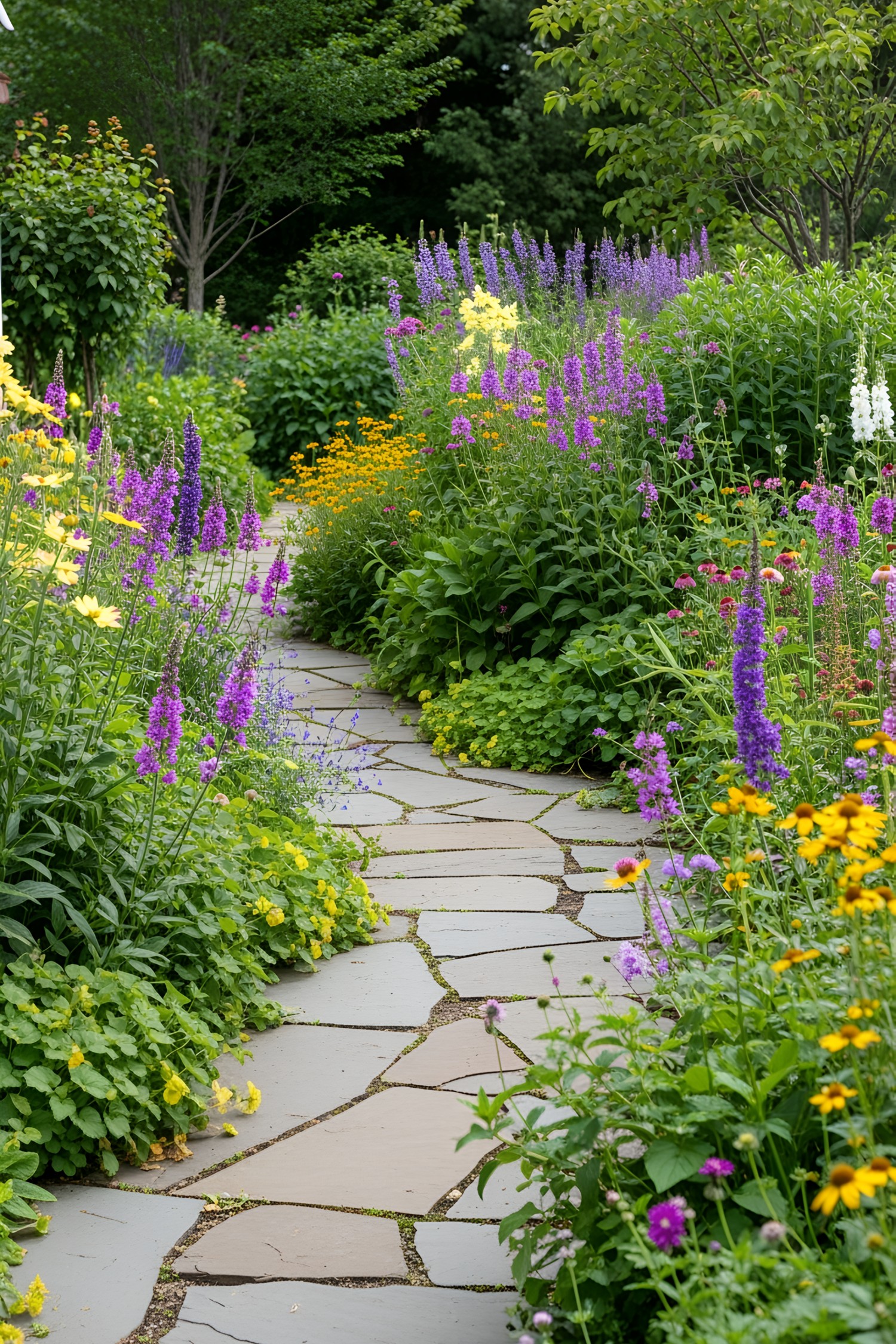 Flagstone path winding through lush garden flowers