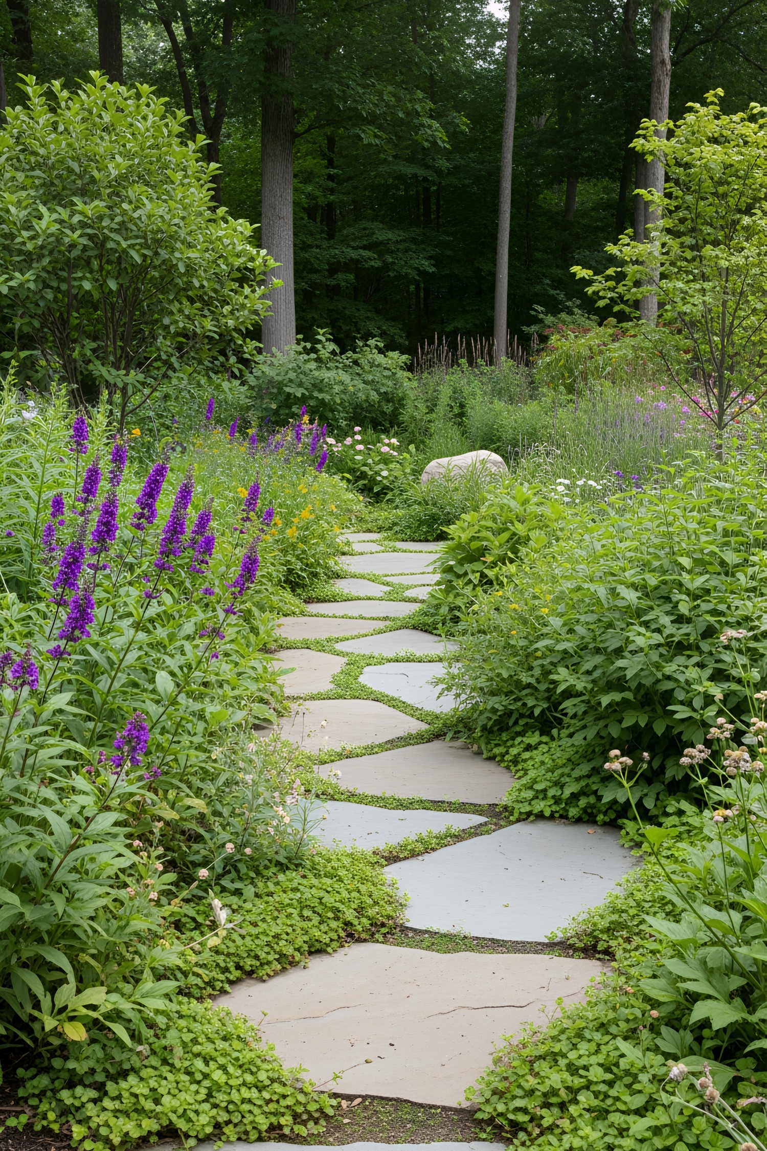 Flagstone path in a lush garden setting