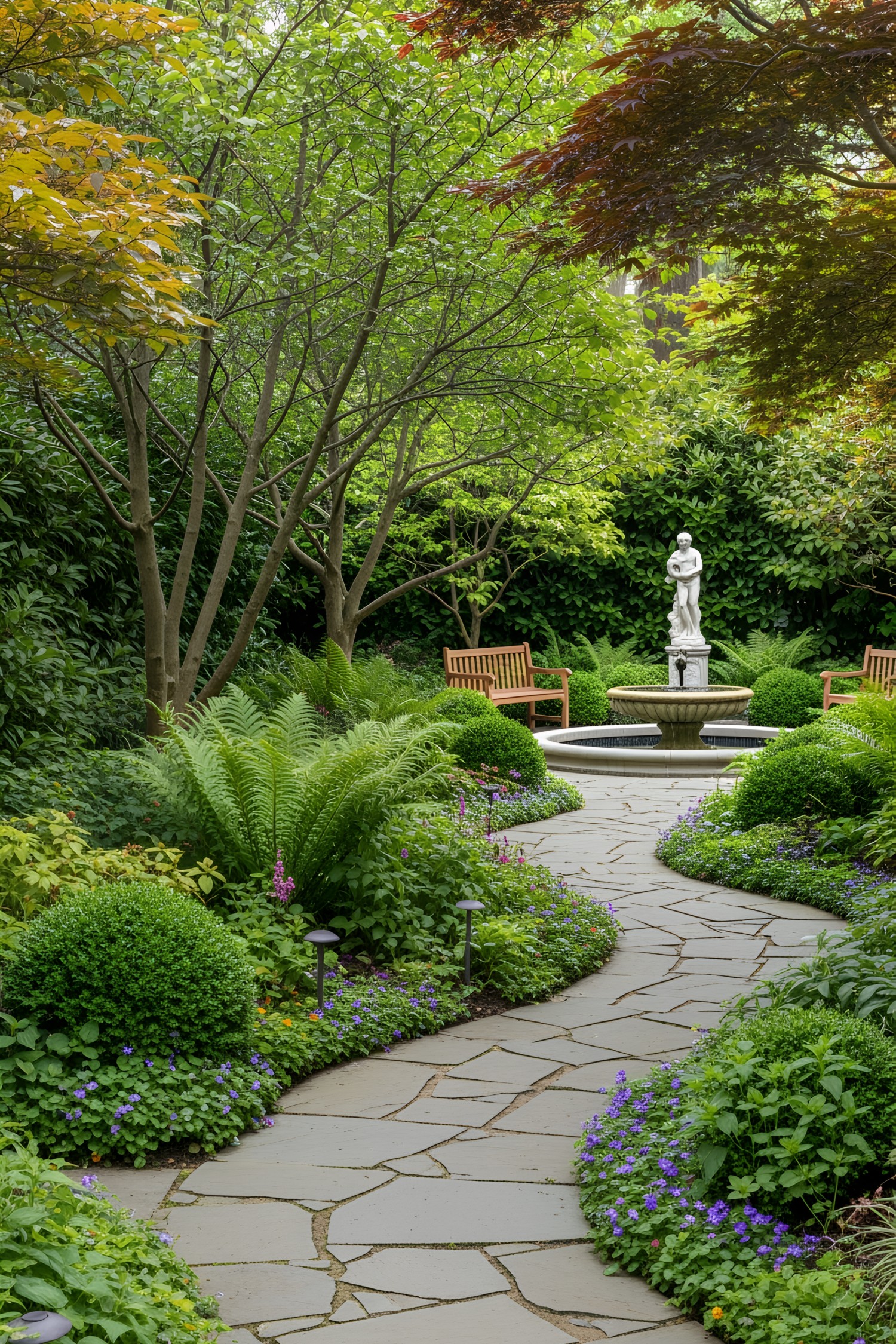 Charming flagstone path through a lush garden leading to a statue and benches