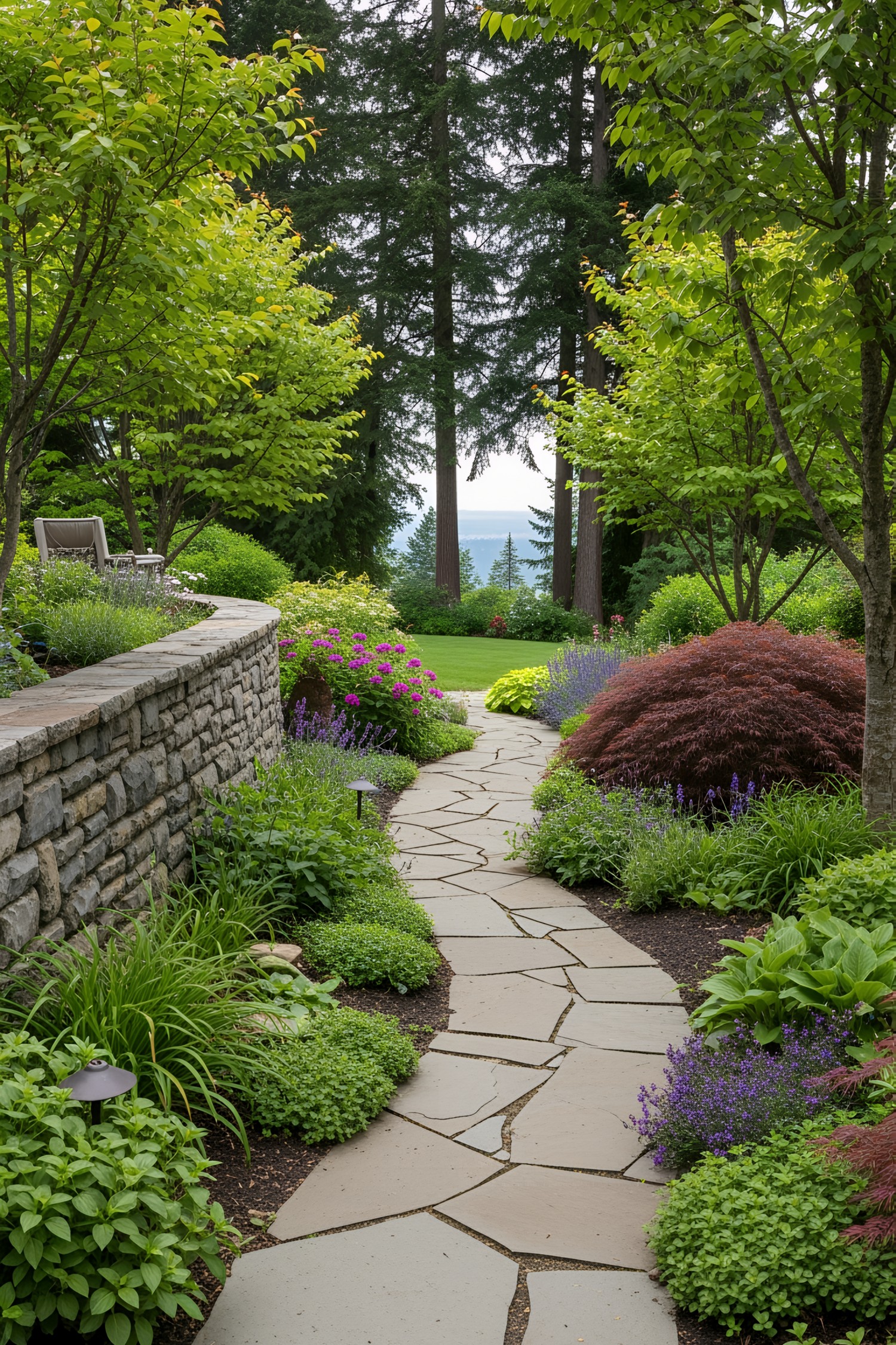 Charming flagstone path through lush garden