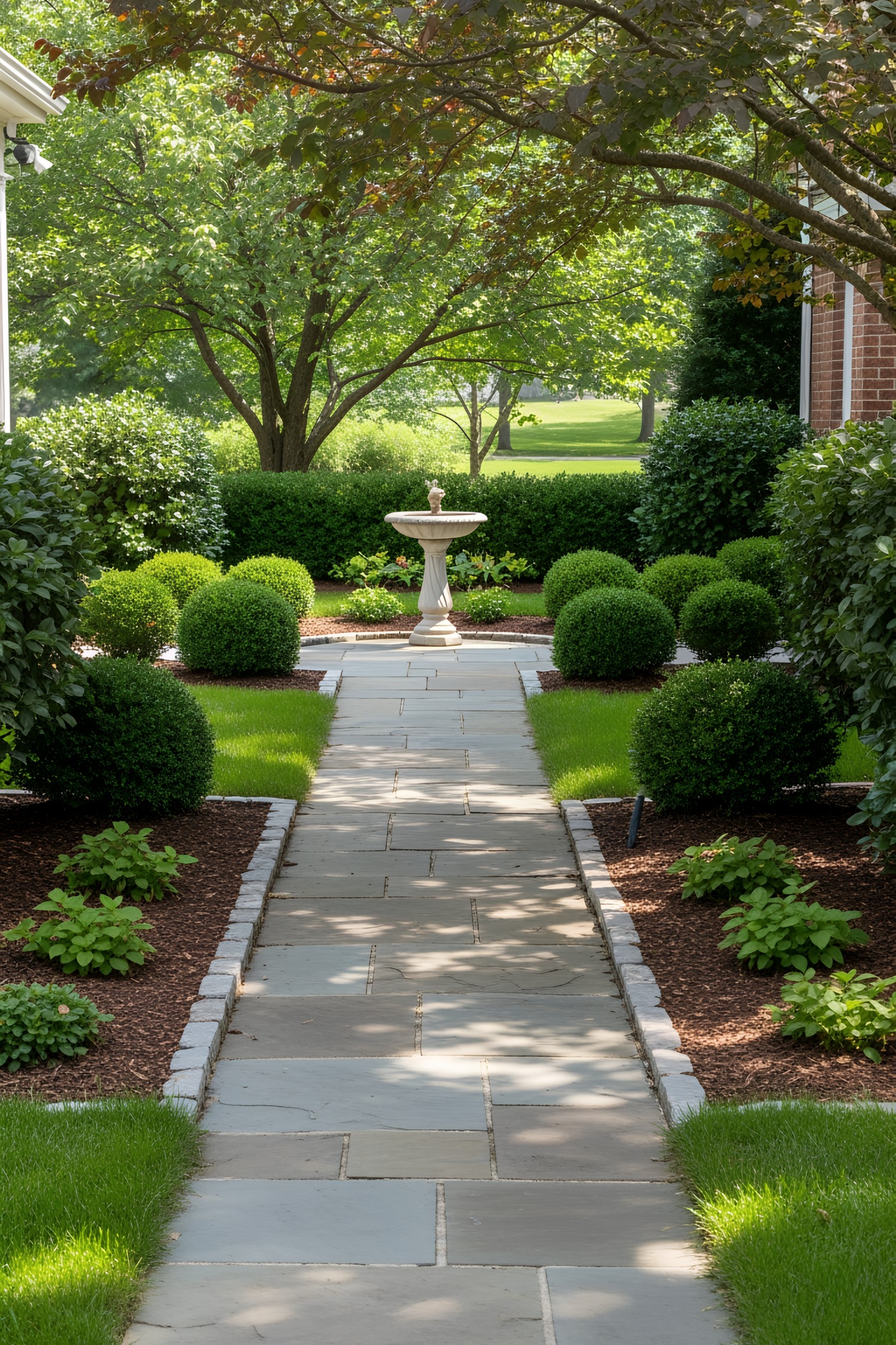 Charming flagstone path leads to a central birdbath surrounded by lush greenery