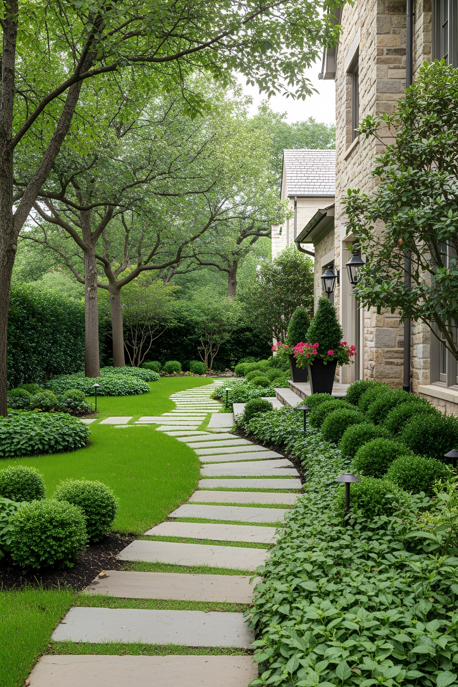 A winding flagstone path in a lush garden setting