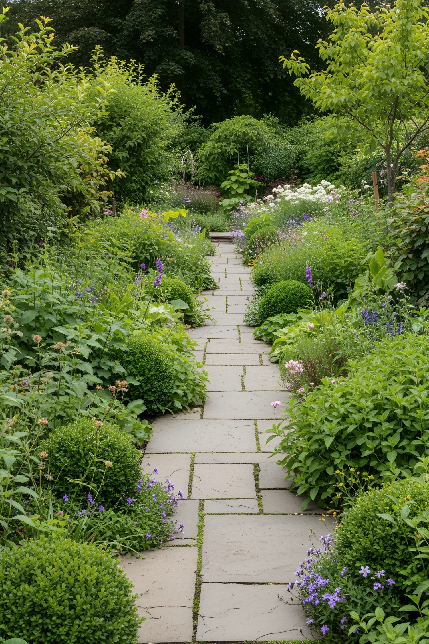 Flagstone path surrounded by lush greenery