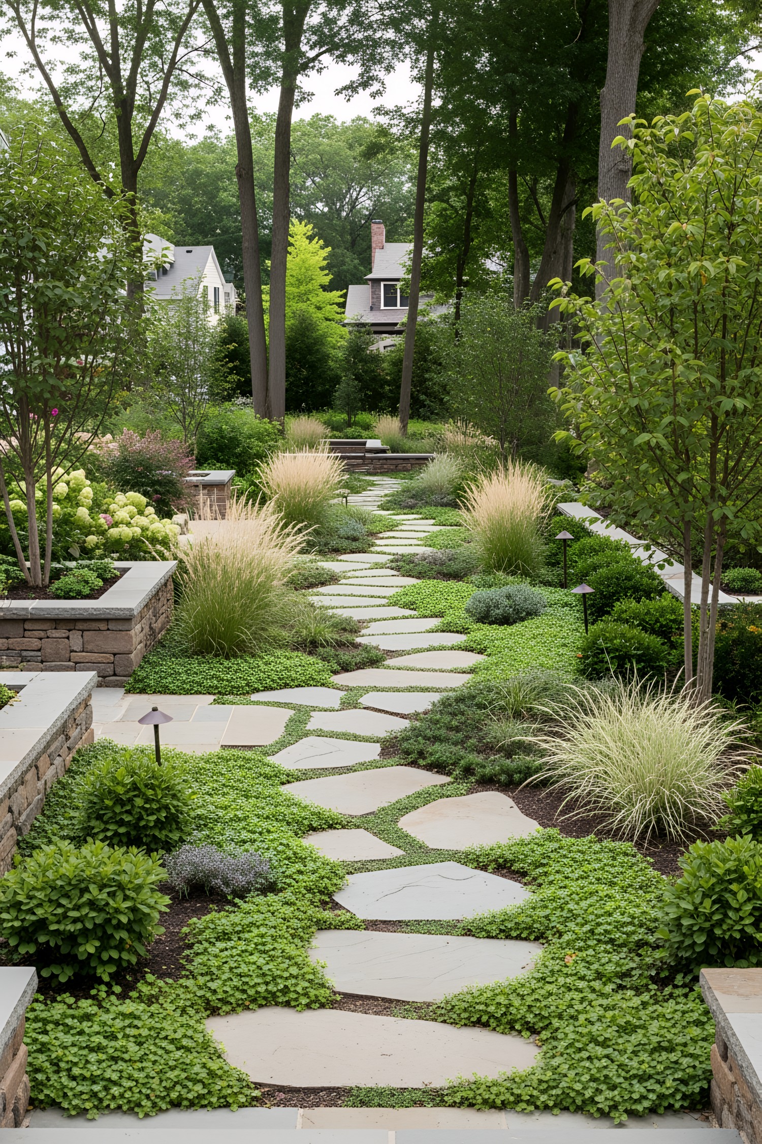 Flagstone path weaving through lush garden