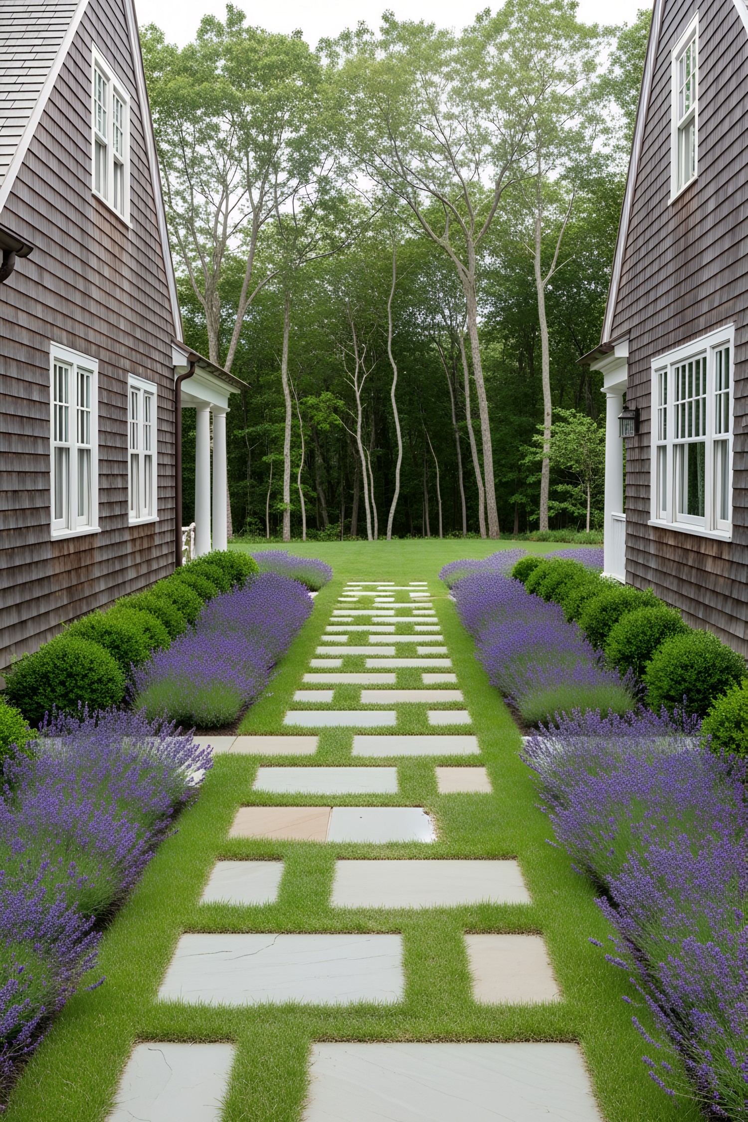 Flagstone path flanked by lavender and shingled houses