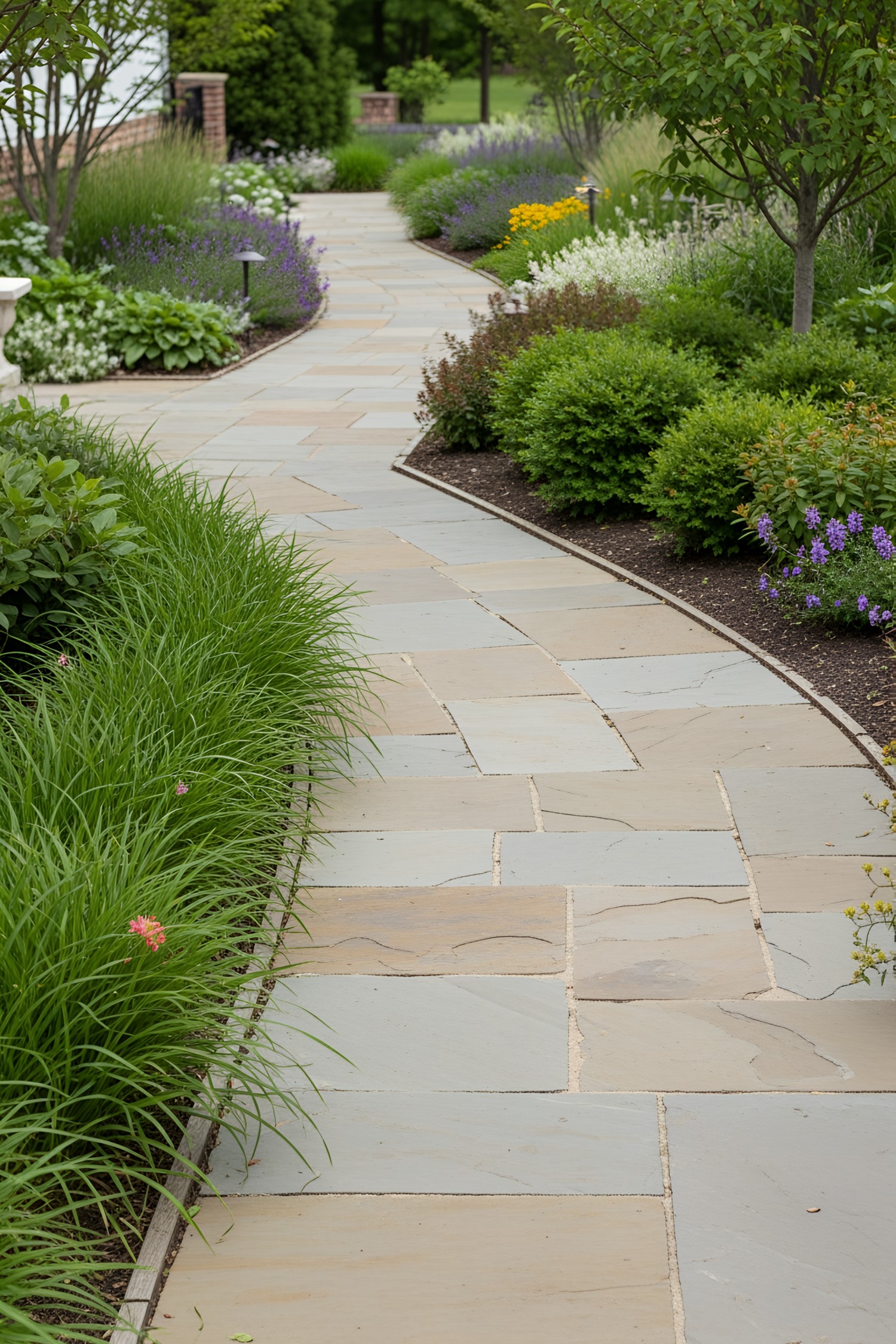 Flagstone path with lush greenery